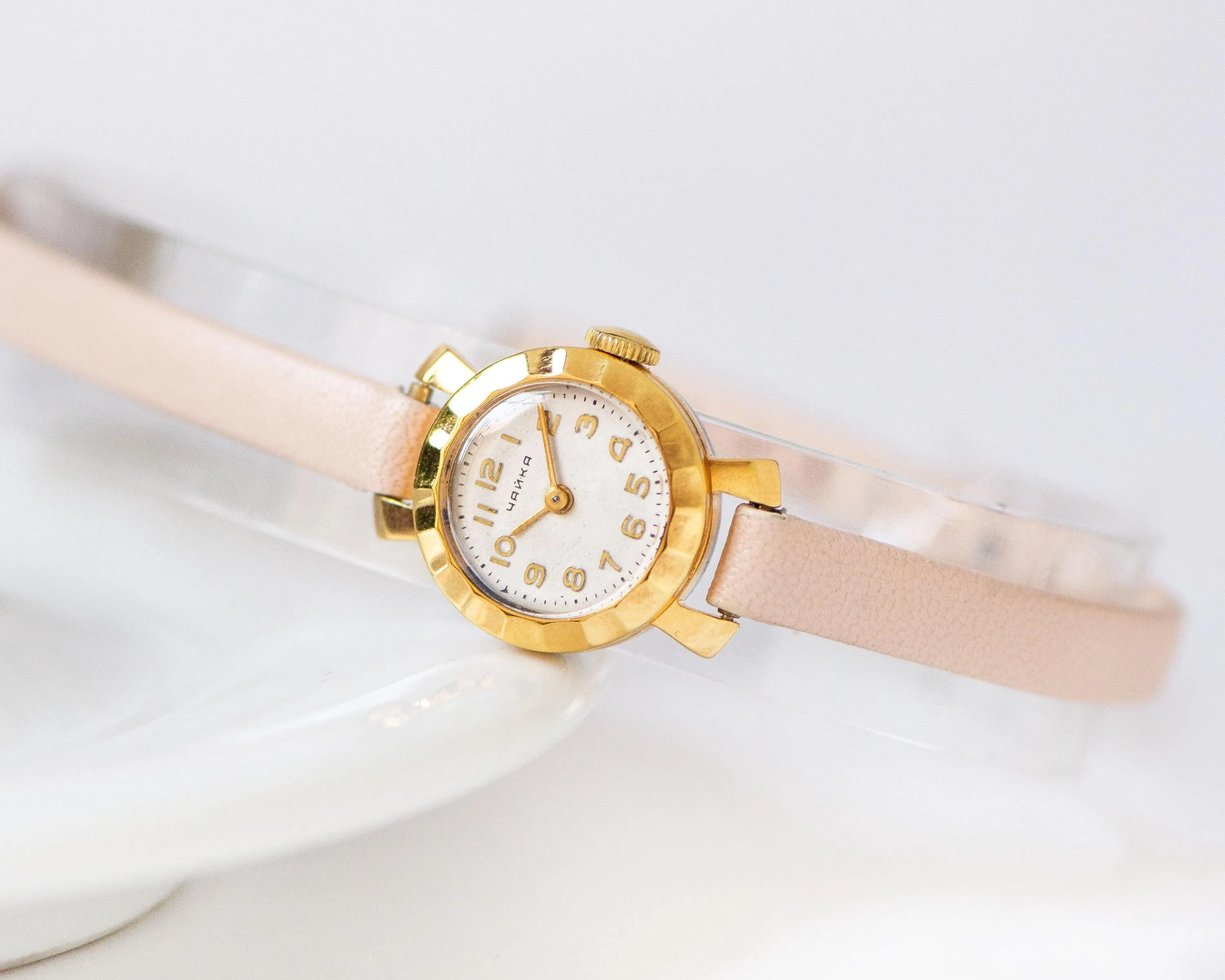 Delicate boho women's wristwatch gold plated floral case design, rare tiny watch Seagull classic beauty gift, new premium leather strap