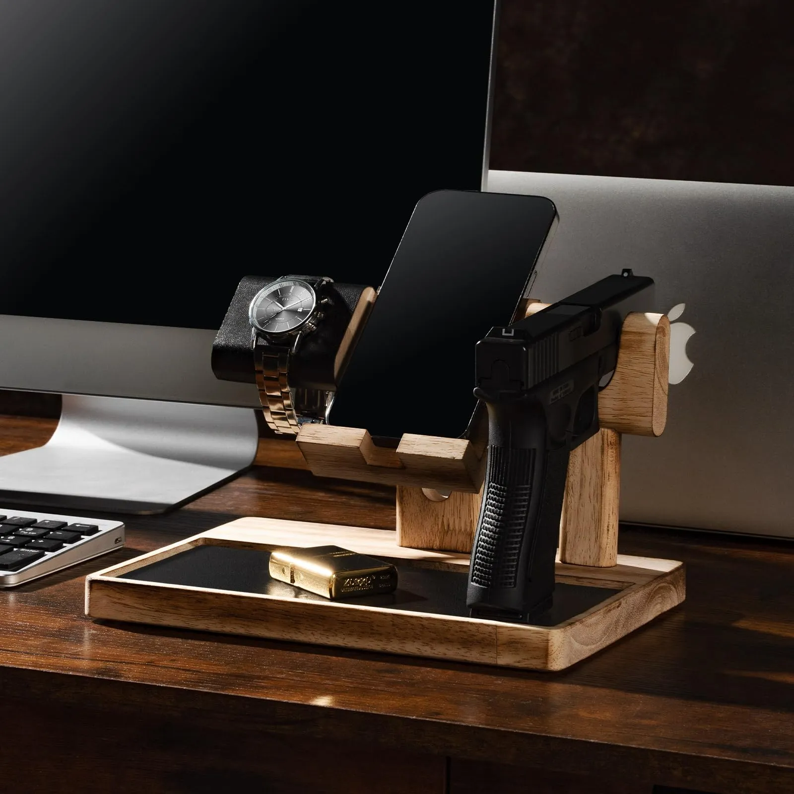 DGWJSU Pistol Rack for Gun Safe, Wood Handgun Rack Holder for Gun, Phone Docking Station as Nightstand Organizer as Gifts for Men Boyfriend Husband Father in Anniversary Birthday Christmas