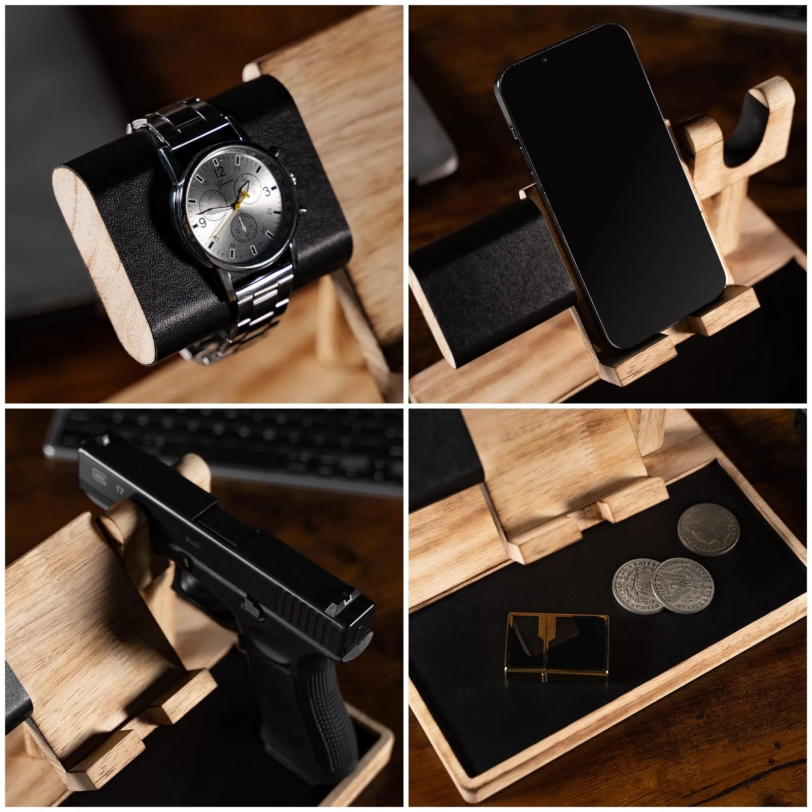 DGWJSU Pistol Rack for Gun Safe, Wood Handgun Rack Holder for Gun, Phone Docking Station as Nightstand Organizer as Gifts for Men Boyfriend Husband Father in Anniversary Birthday Christmas