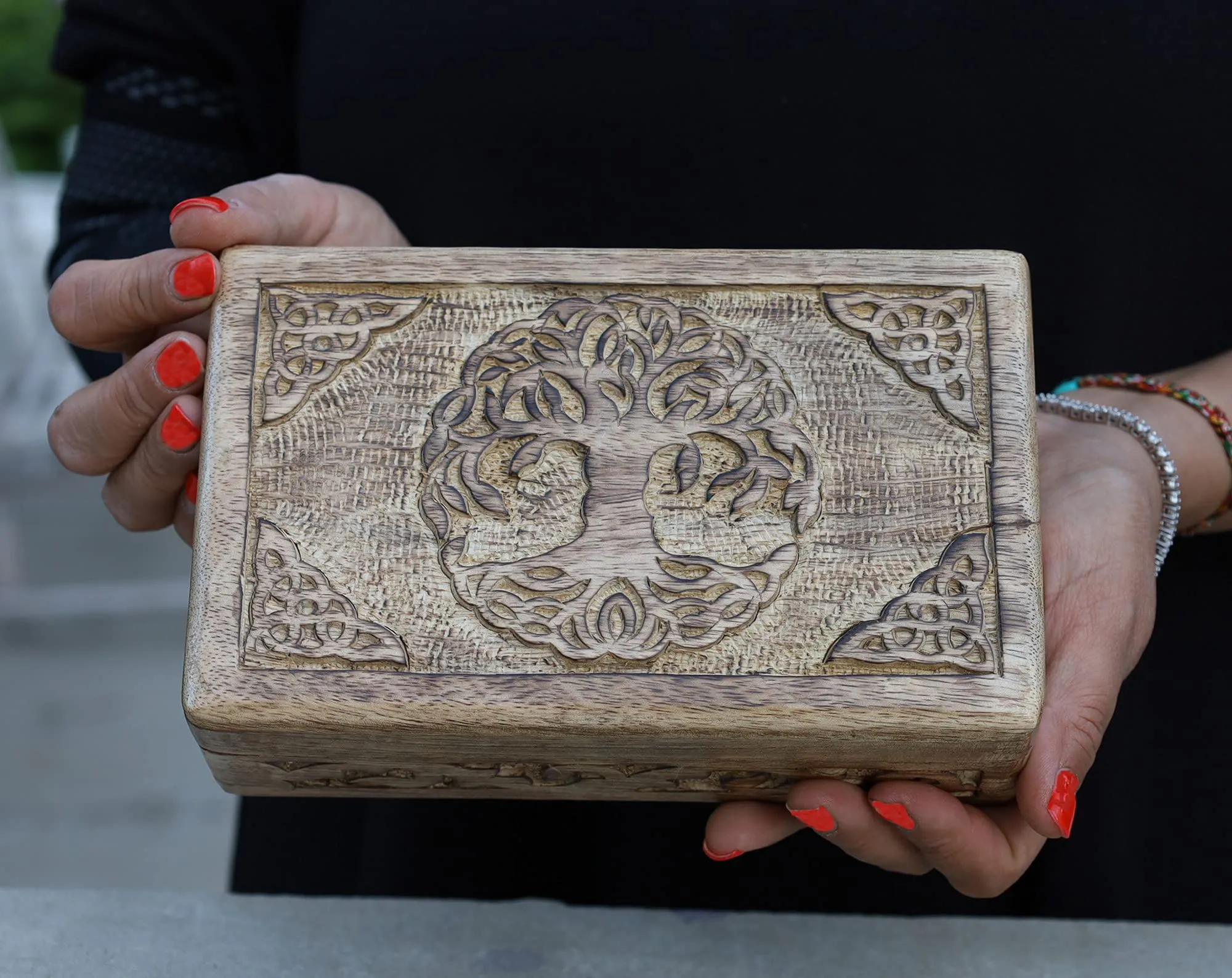DharmaObjects Hand Carved Jewelry Trinket Keepsake Wooden Storage Box (Celtic Tree Of Life, Large)