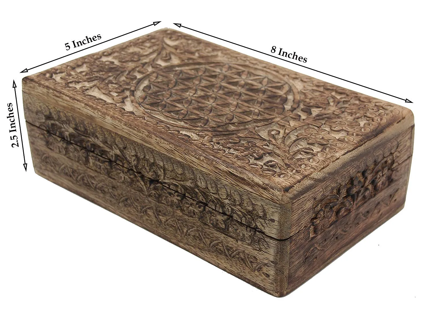 DharmaObjects Hand Carved Jewelry Trinket Keepsake Wooden Storage Box (Large, Flower Of Life)