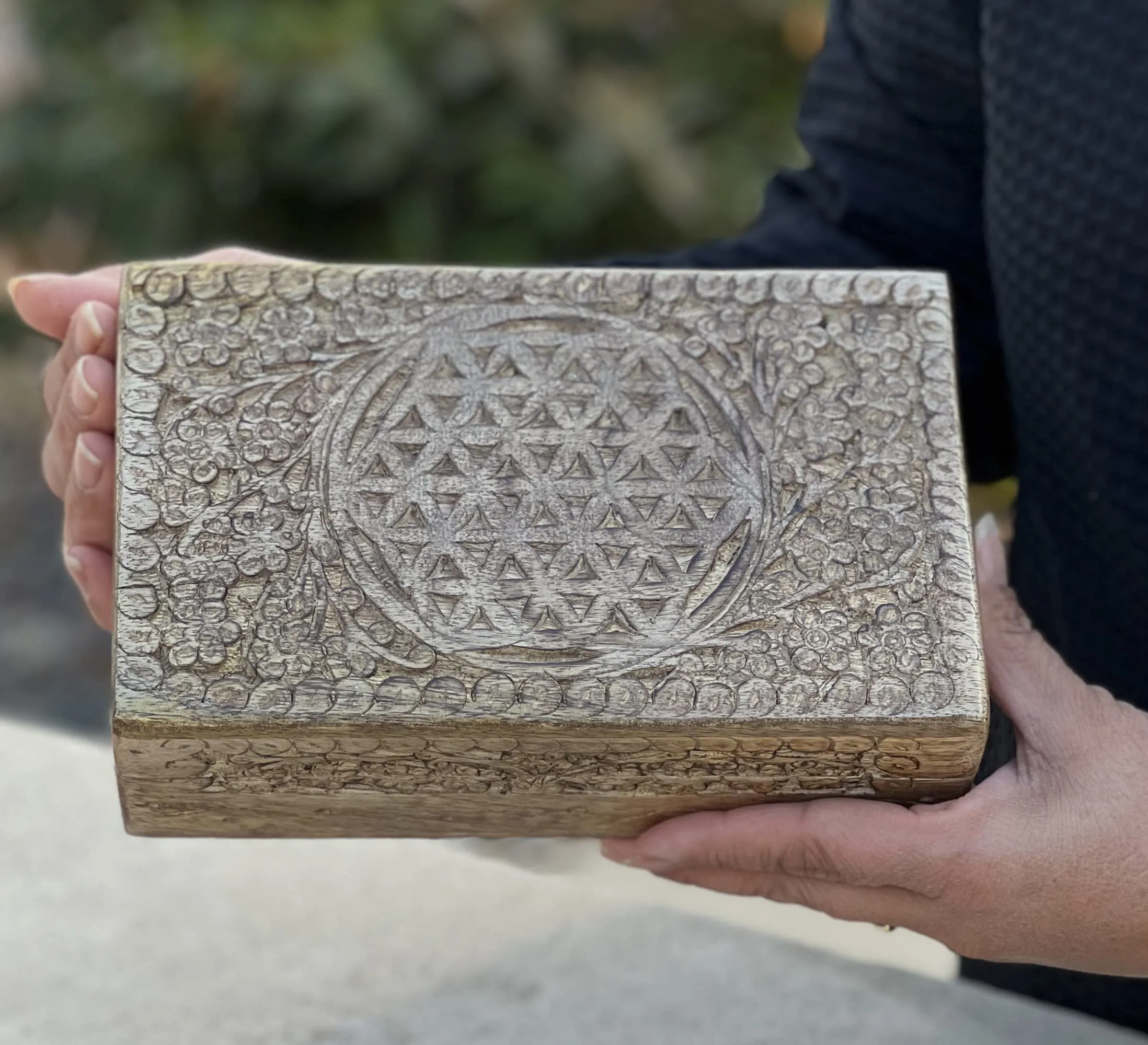 DharmaObjects Hand Carved Jewelry Trinket Keepsake Wooden Storage Box (Large, Flower Of Life)