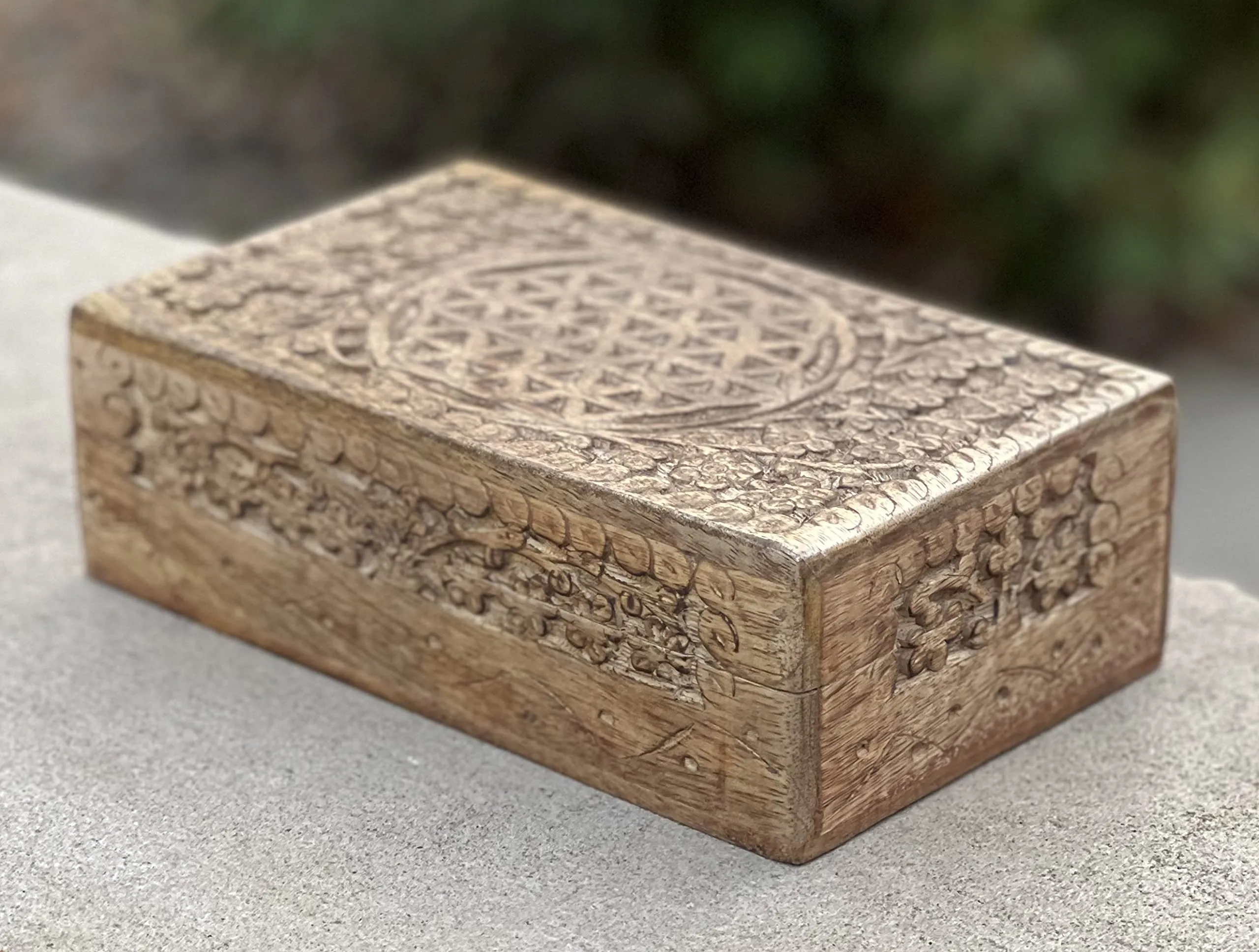 DharmaObjects Hand Carved Jewelry Trinket Keepsake Wooden Storage Box (Large, Flower Of Life)