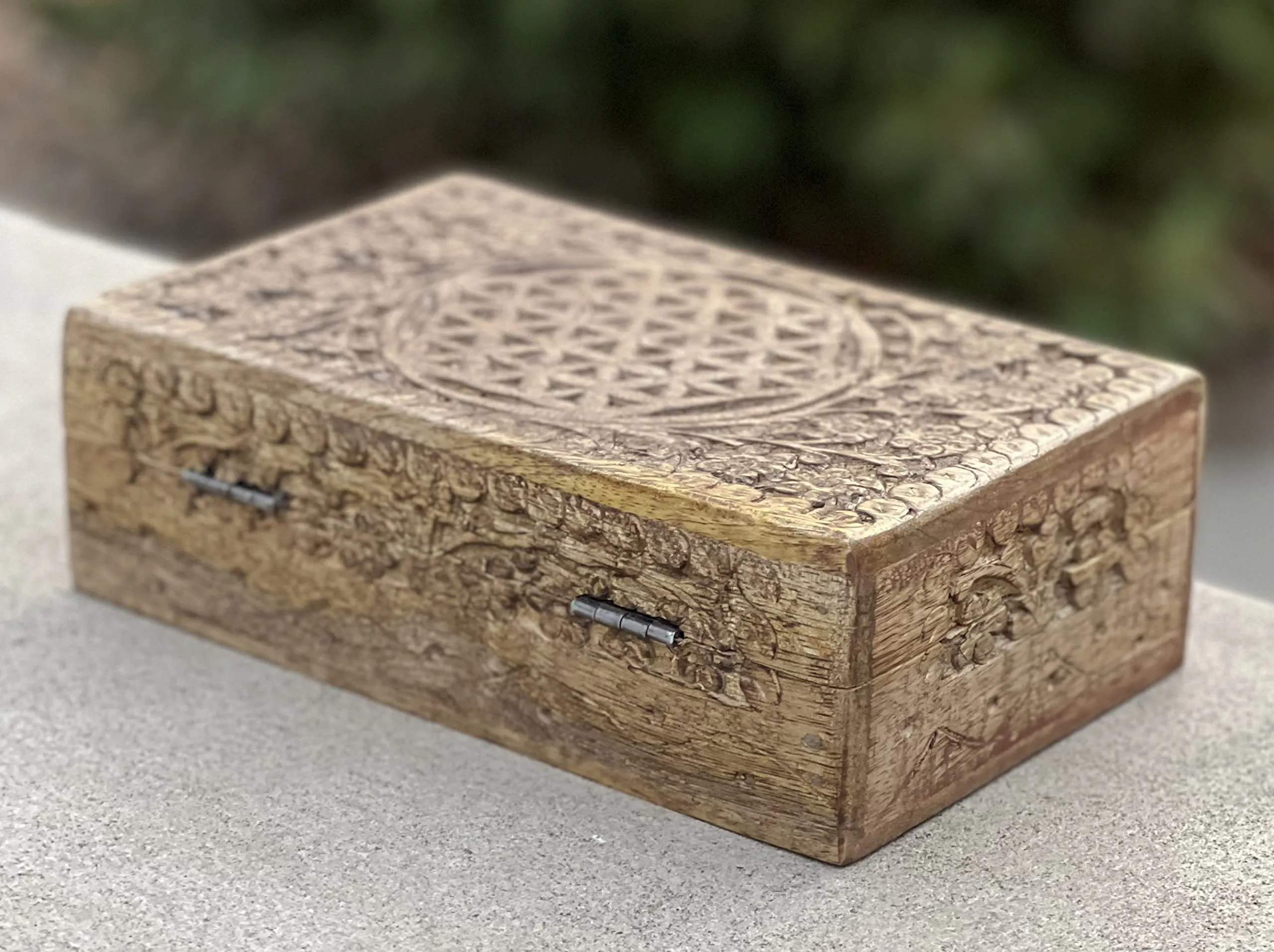 DharmaObjects Hand Carved Jewelry Trinket Keepsake Wooden Storage Box (Large, Flower Of Life)