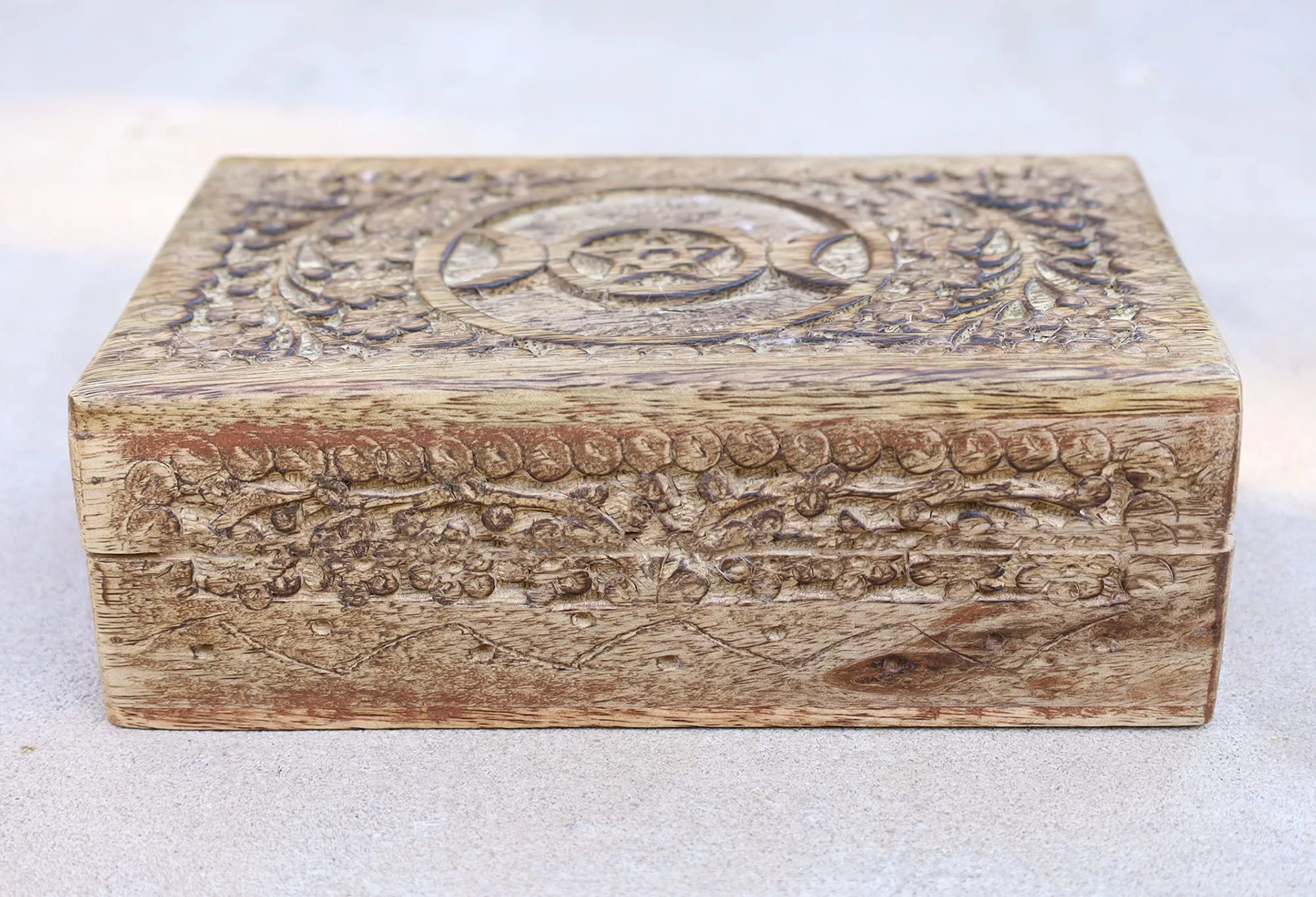 DharmaObjects Triple Moon Hand Carved Jewelry Trinket Keepsake Wooden Storage Box (Triple Moon, Large)