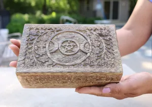 DharmaObjects Triple Moon Hand Carved Jewelry Trinket Keepsake Wooden Storage Box (Triple Moon, Large)