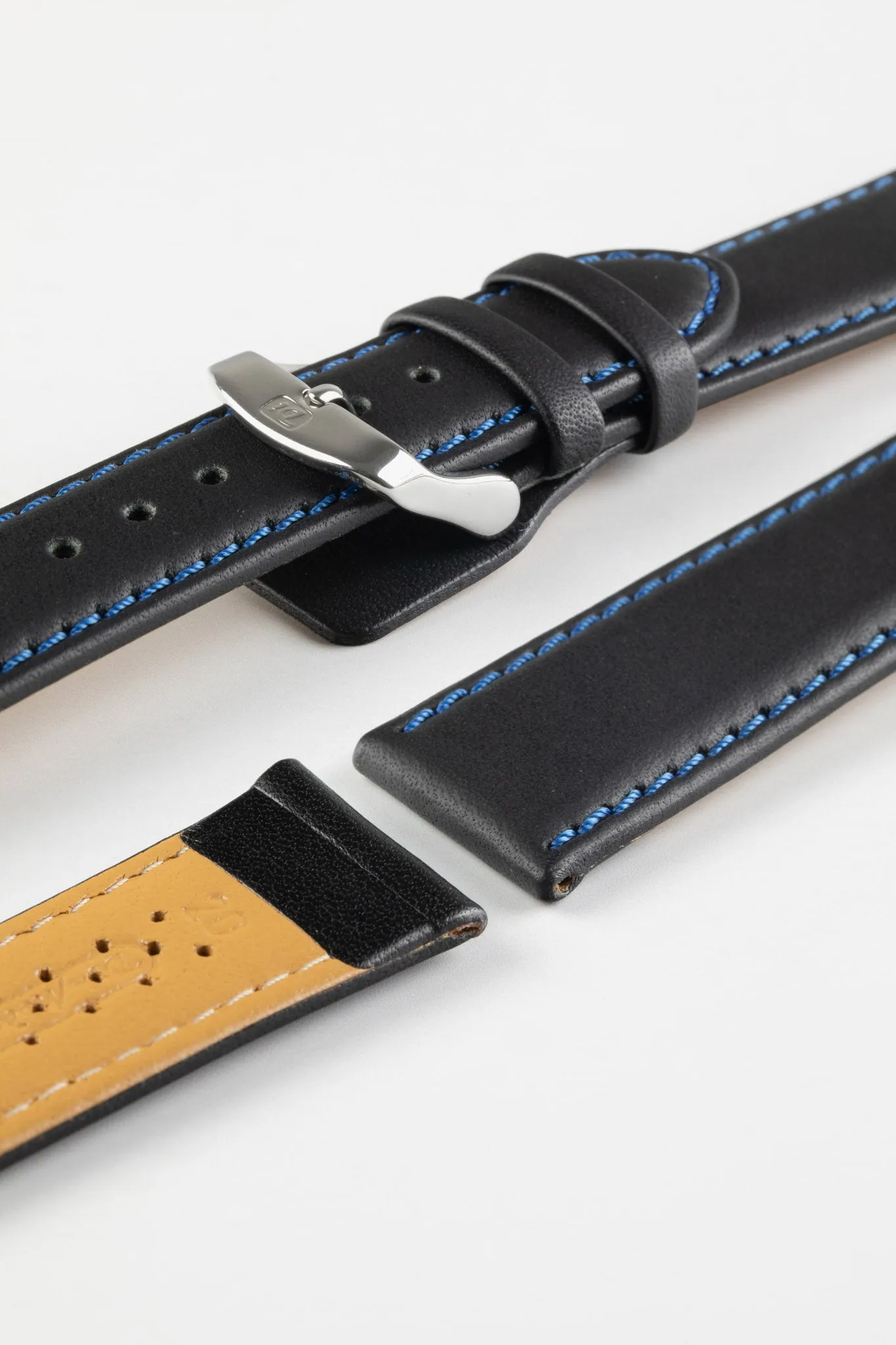 Di-Modell DENVER Calf Leather Watch Strap in BLACK With BLUE Stitching