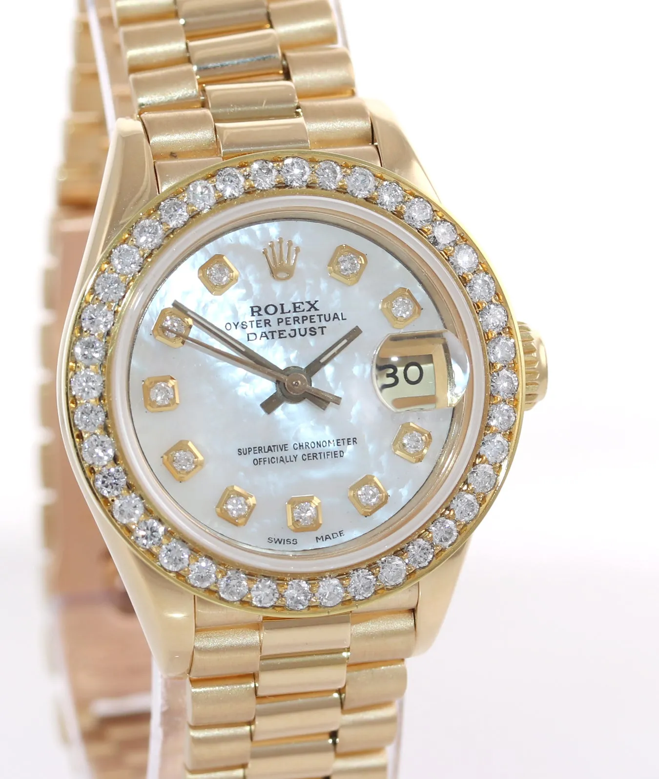 Diamond Bezel Ladies Rolex DateJust President 26mm MOP Diamond 69178 18k Watch