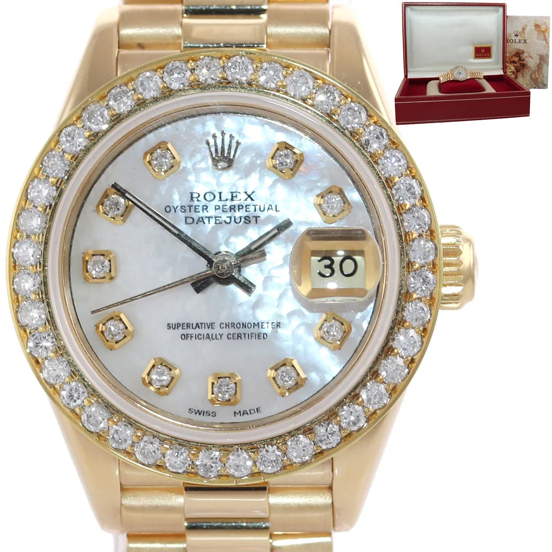 Diamond Bezel Ladies Rolex DateJust President 26mm MOP Diamond 69178 18k Watch