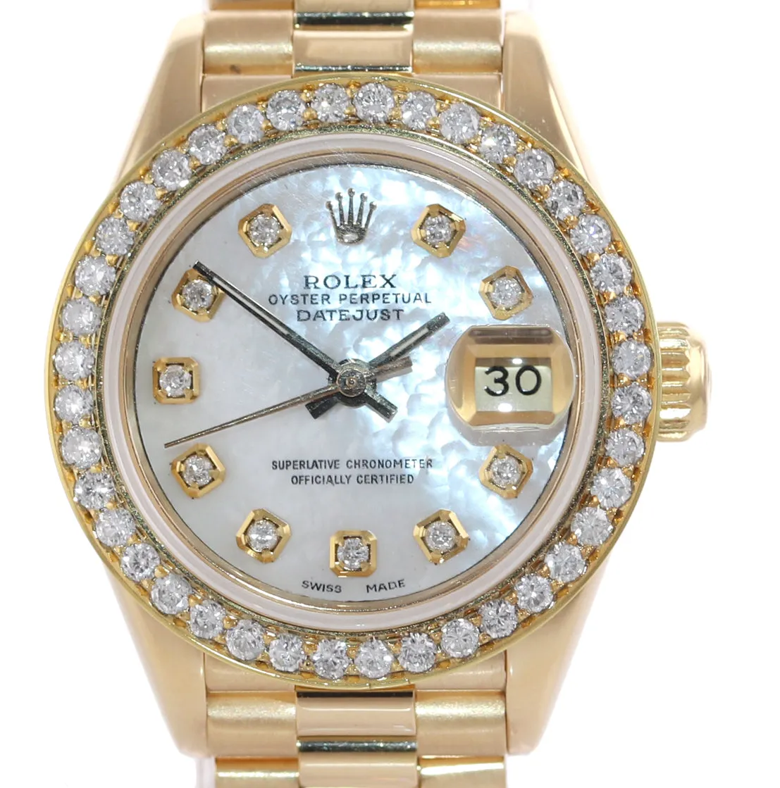 Diamond Bezel Ladies Rolex DateJust President 26mm MOP Diamond 69178 18k Watch