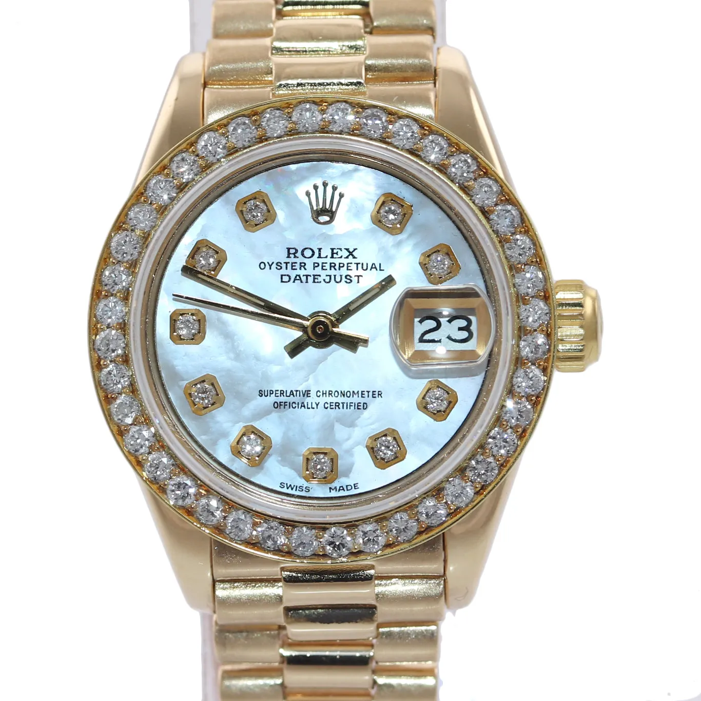 DIAMONDS Ladies Rolex DateJust President 26mm MOP 6917 18k Yellow Gold Watch