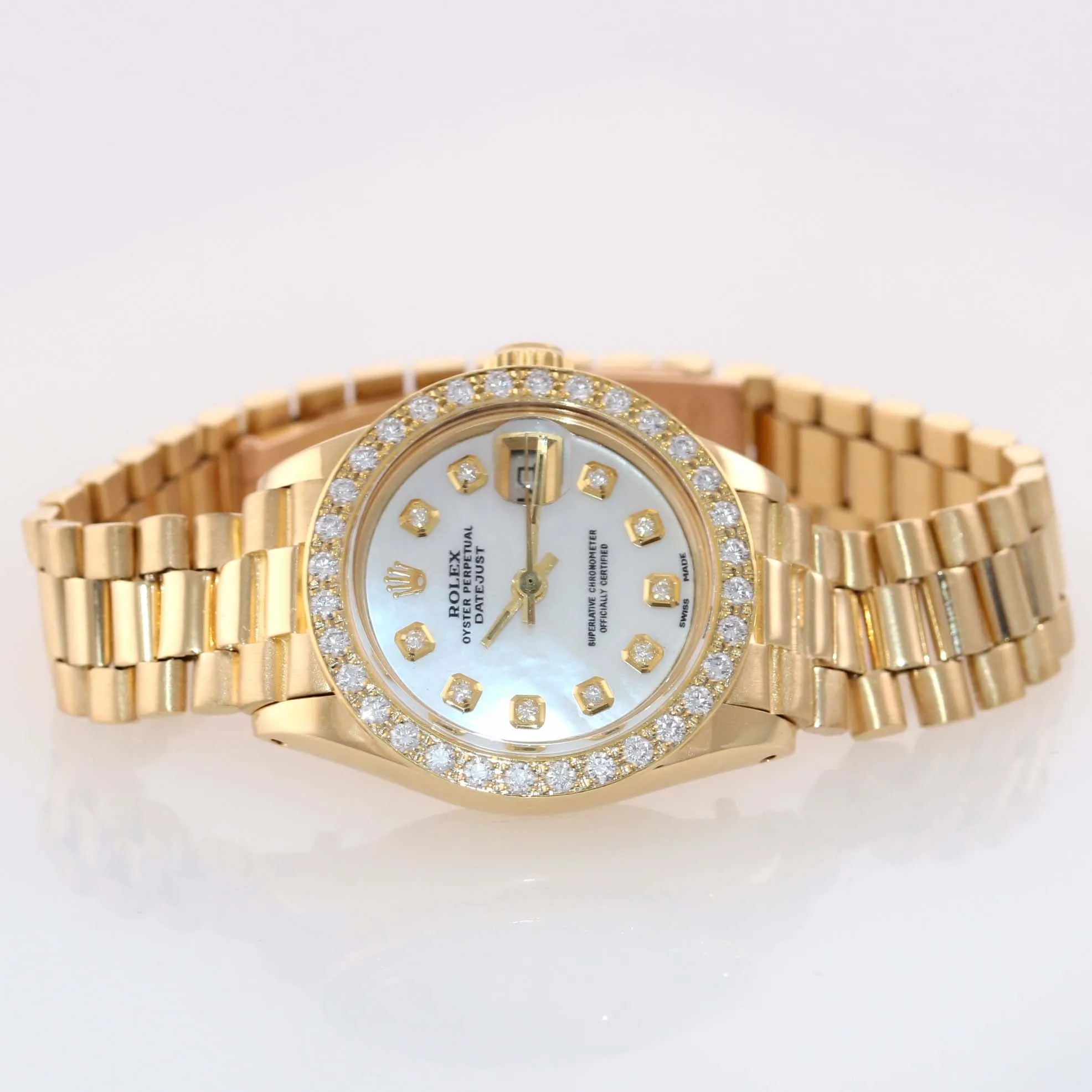 DIAMONDS Ladies Rolex DateJust President 26mm MOP 6917 18k Yellow Gold Watch