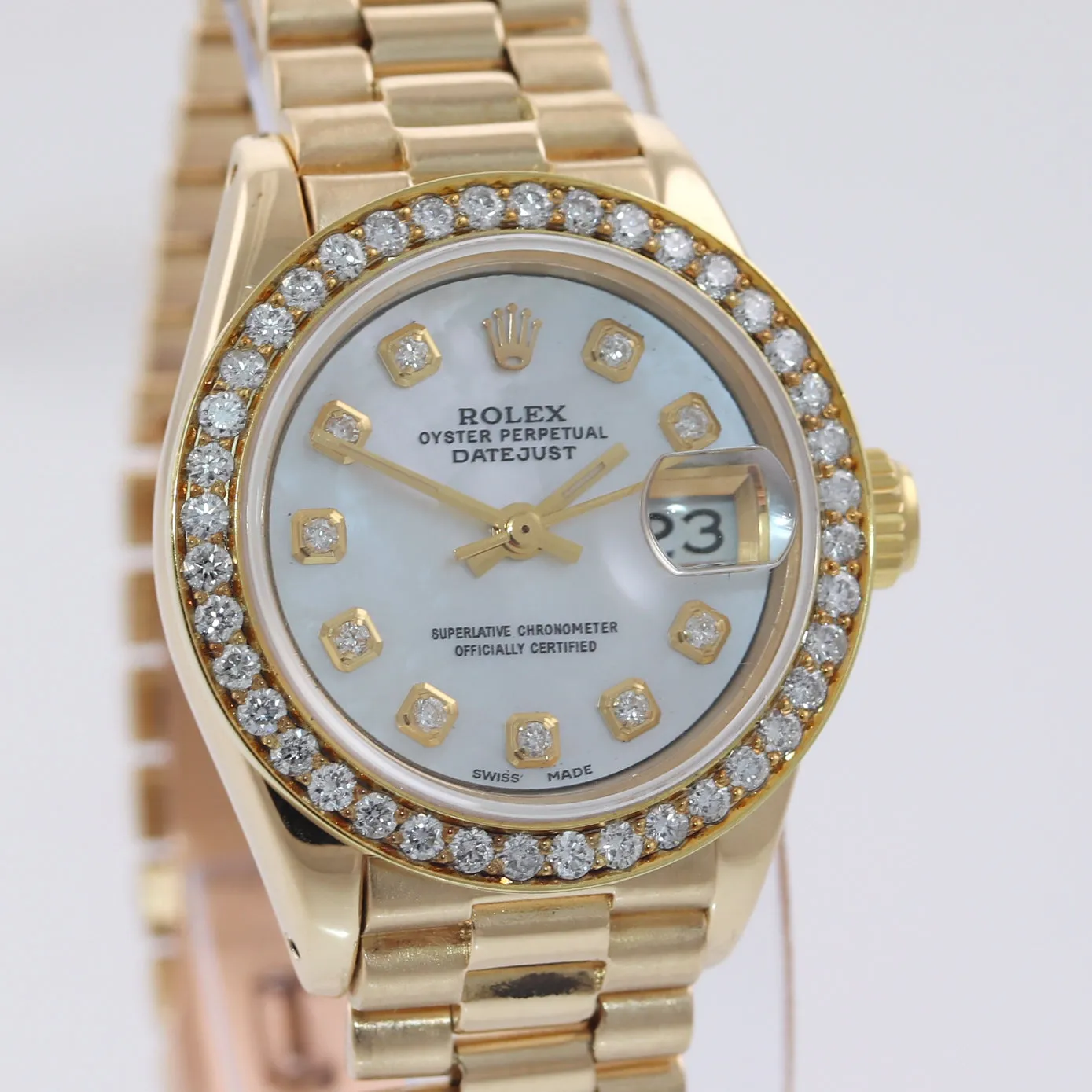 DIAMONDS Ladies Rolex DateJust President 26mm MOP 6917 18k Yellow Gold Watch