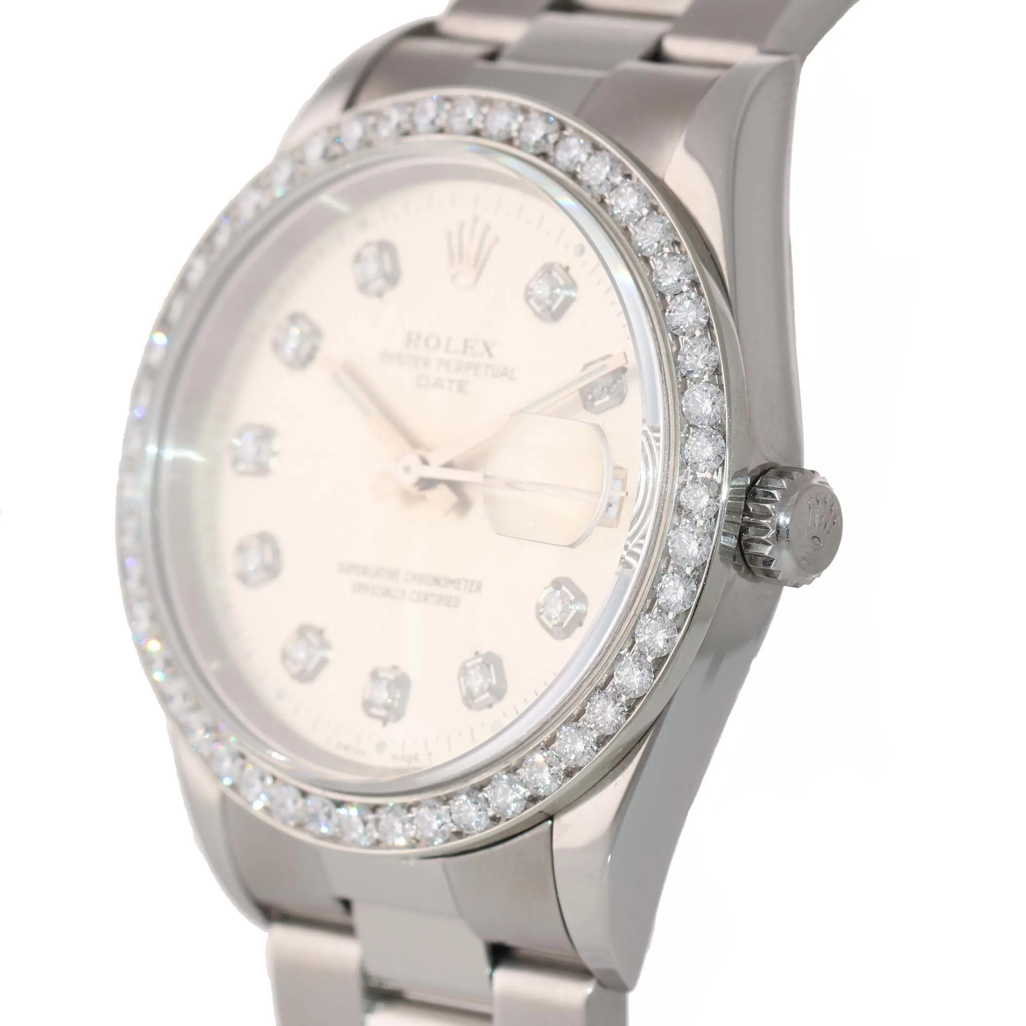 DIAMONDS Rolex Date Oyster Perpetual Steel White Stick 15200 34mm Watch