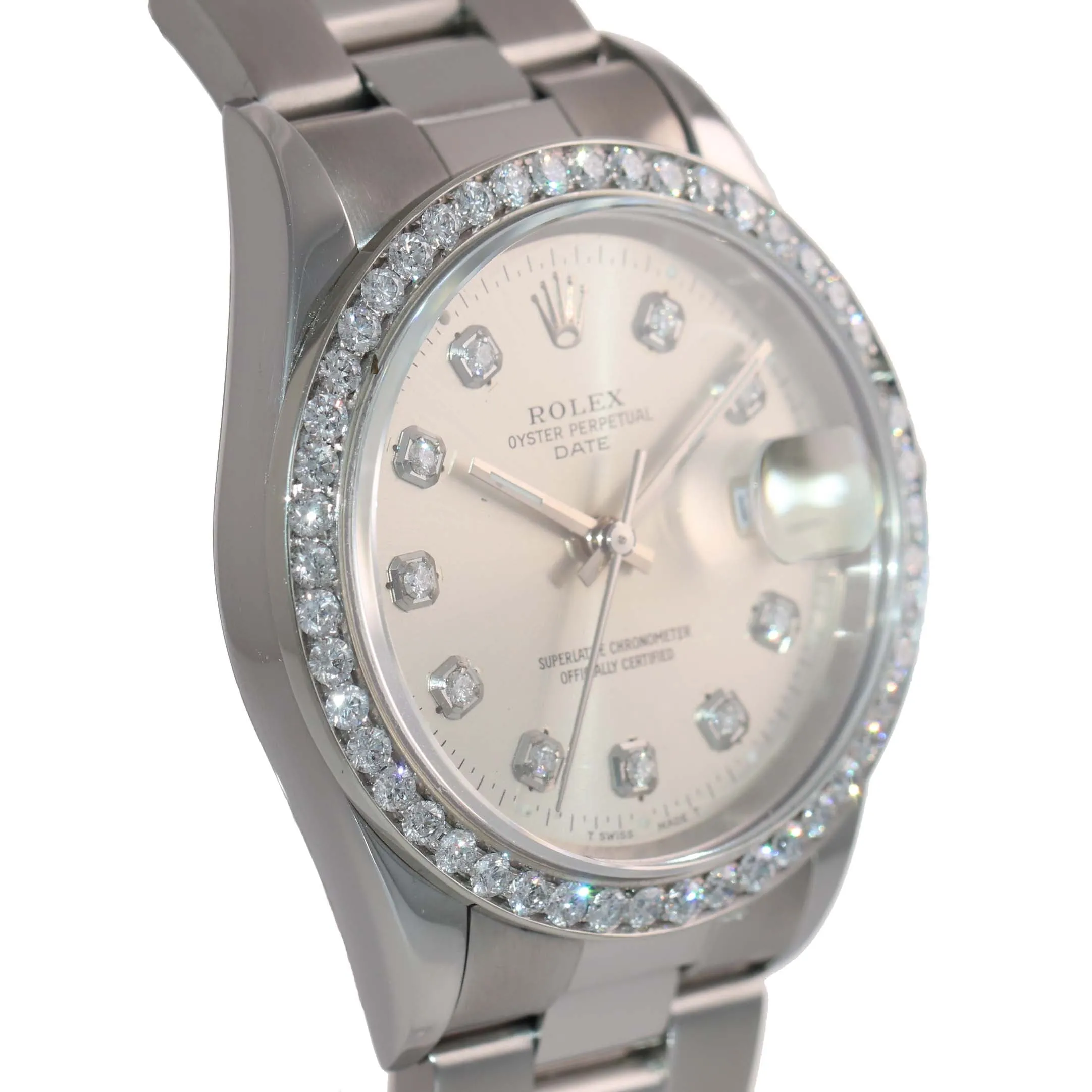 DIAMONDS Rolex Date Oyster Perpetual Steel White Stick 15200 34mm Watch