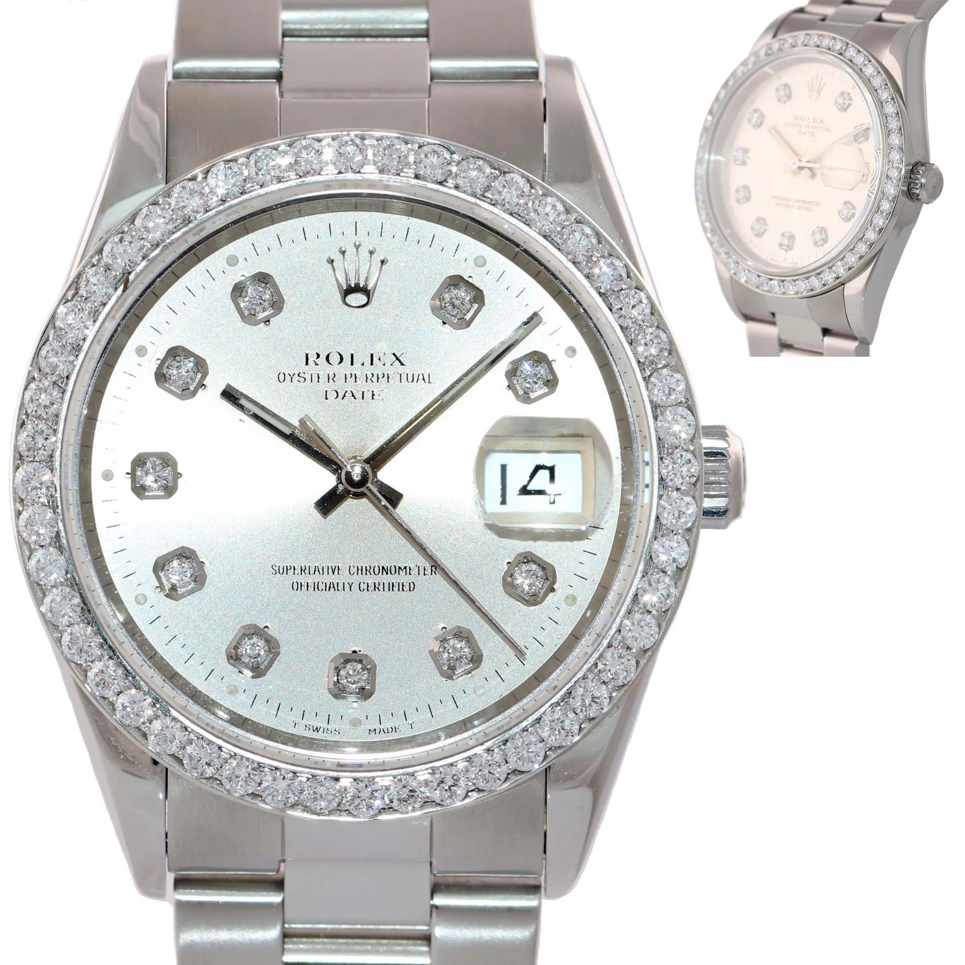 DIAMONDS Rolex Date Oyster Perpetual Steel White Stick 15200 34mm Watch