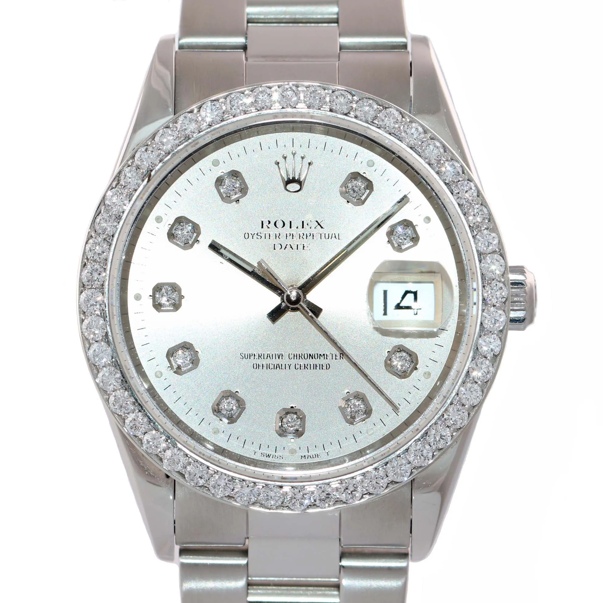 DIAMONDS Rolex Date Oyster Perpetual Steel White Stick 15200 34mm Watch