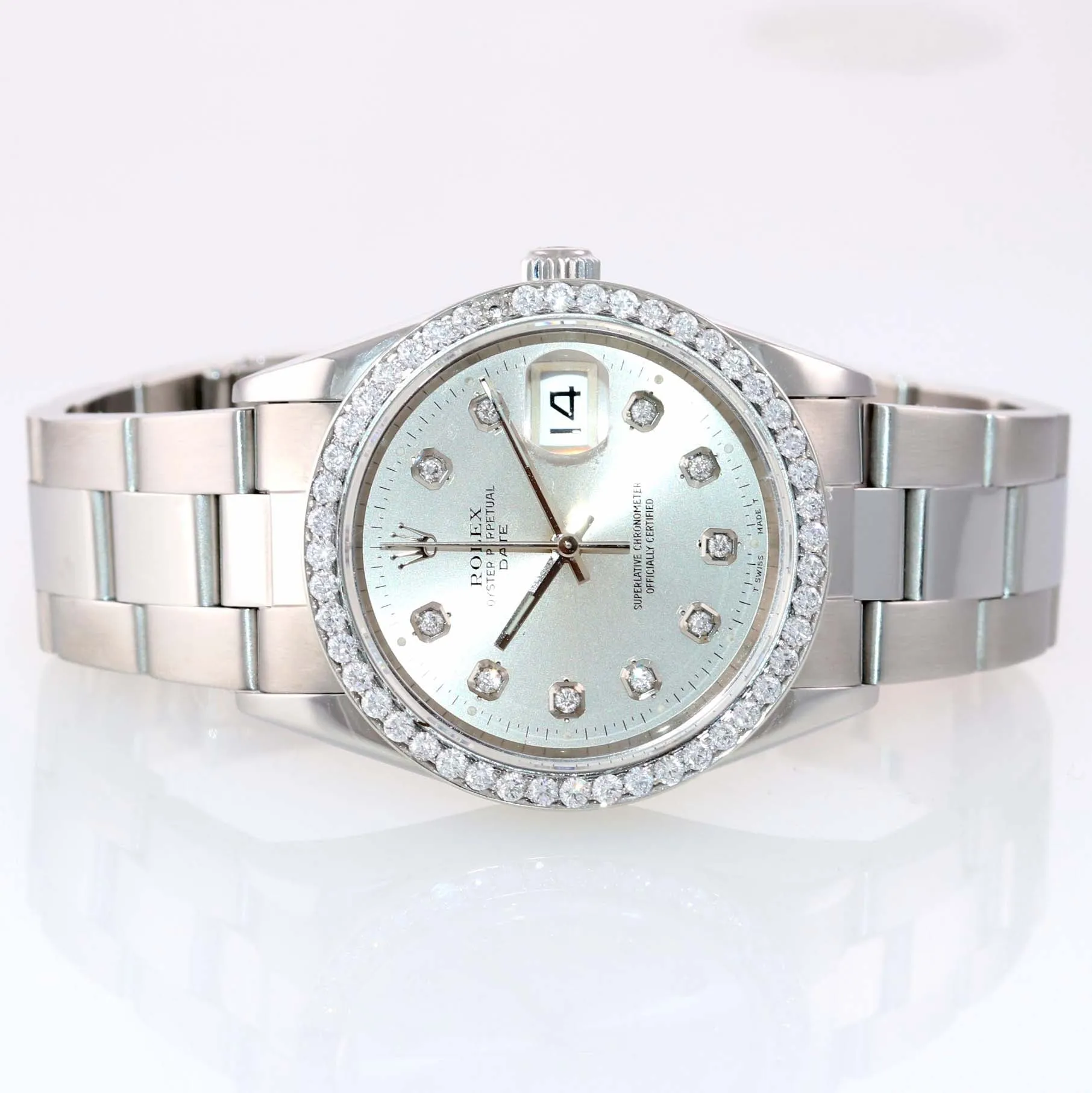 DIAMONDS Rolex Date Oyster Perpetual Steel White Stick 15200 34mm Watch