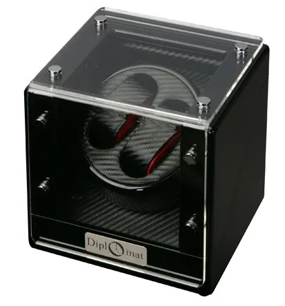 Diplomat Black Wood Dual Watch Winder with Carbon Fiber Interior