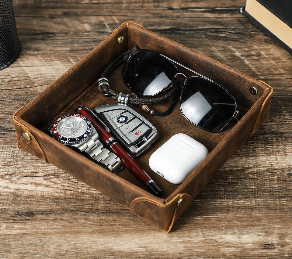 Distressed Leather Desk Organizer Tray