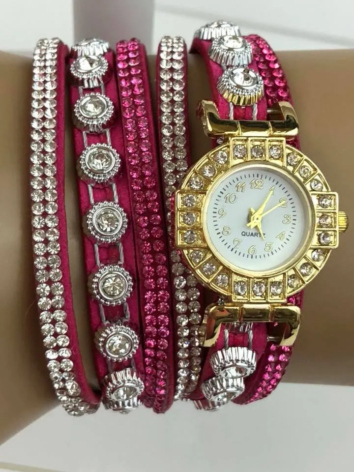 Dk Pink Double Wrap Bracelet White Crystals Watch