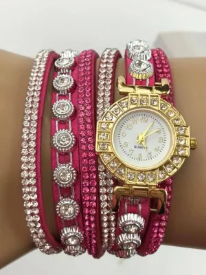 Dk Pink Double Wrap Bracelet White Crystals Watch