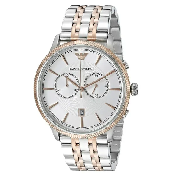 EMPORIO ARMANI Classic Two-Tone Stainless Steel White Dial Chronograph Quartz Watch for Gents - AR1826