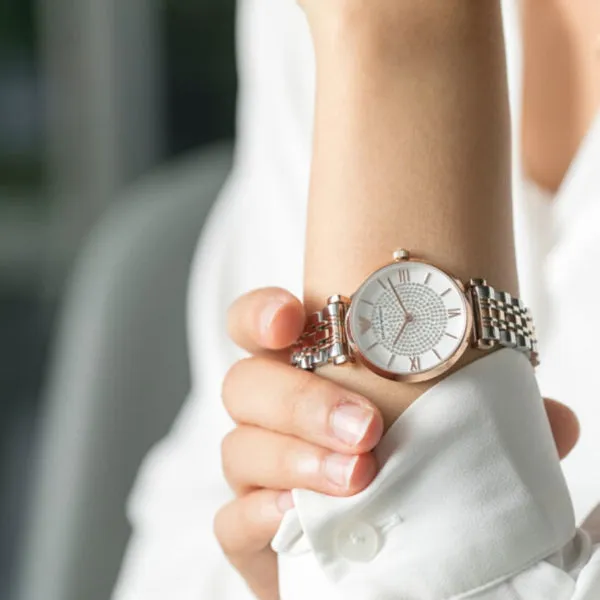 Emporio Armani Retro Two-tone Stainless Steel White Dial Quartz Watch for Ladies - AR80035