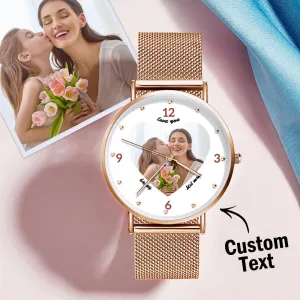 Engraved Rose Gold Alloy Bracelet Photo Watch 36mm Gifts for Mom