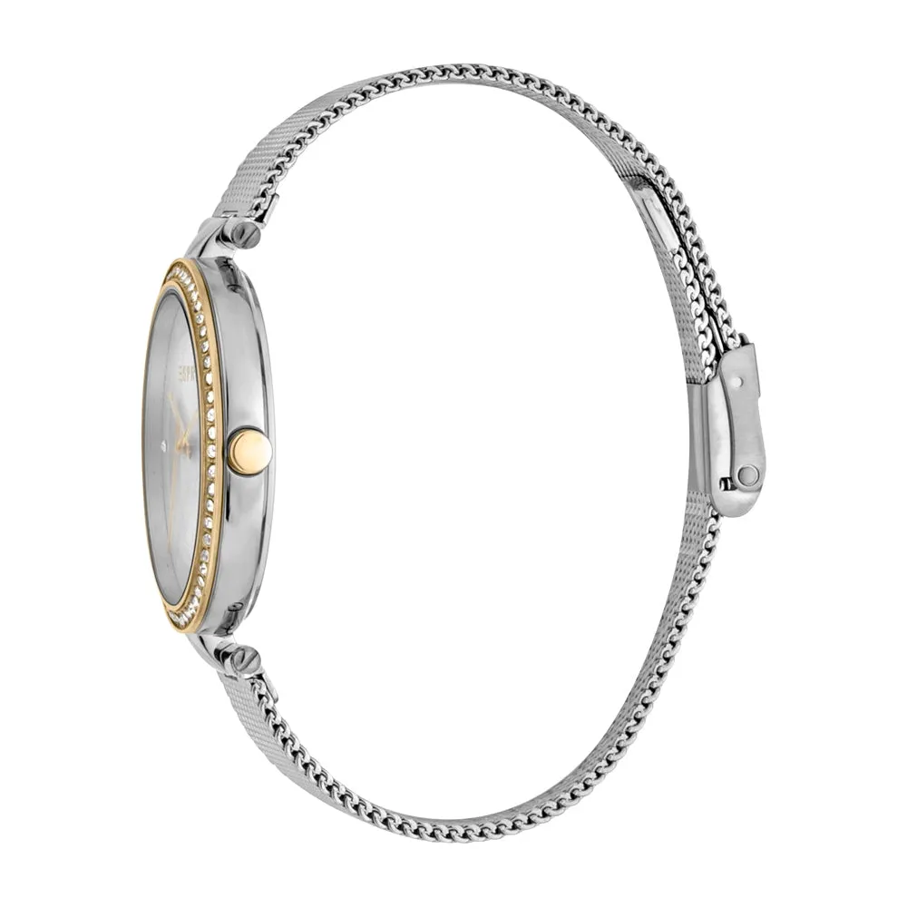 Esprit Ladies Watch Silver Color Mesh Bracelet With Stone White Dial