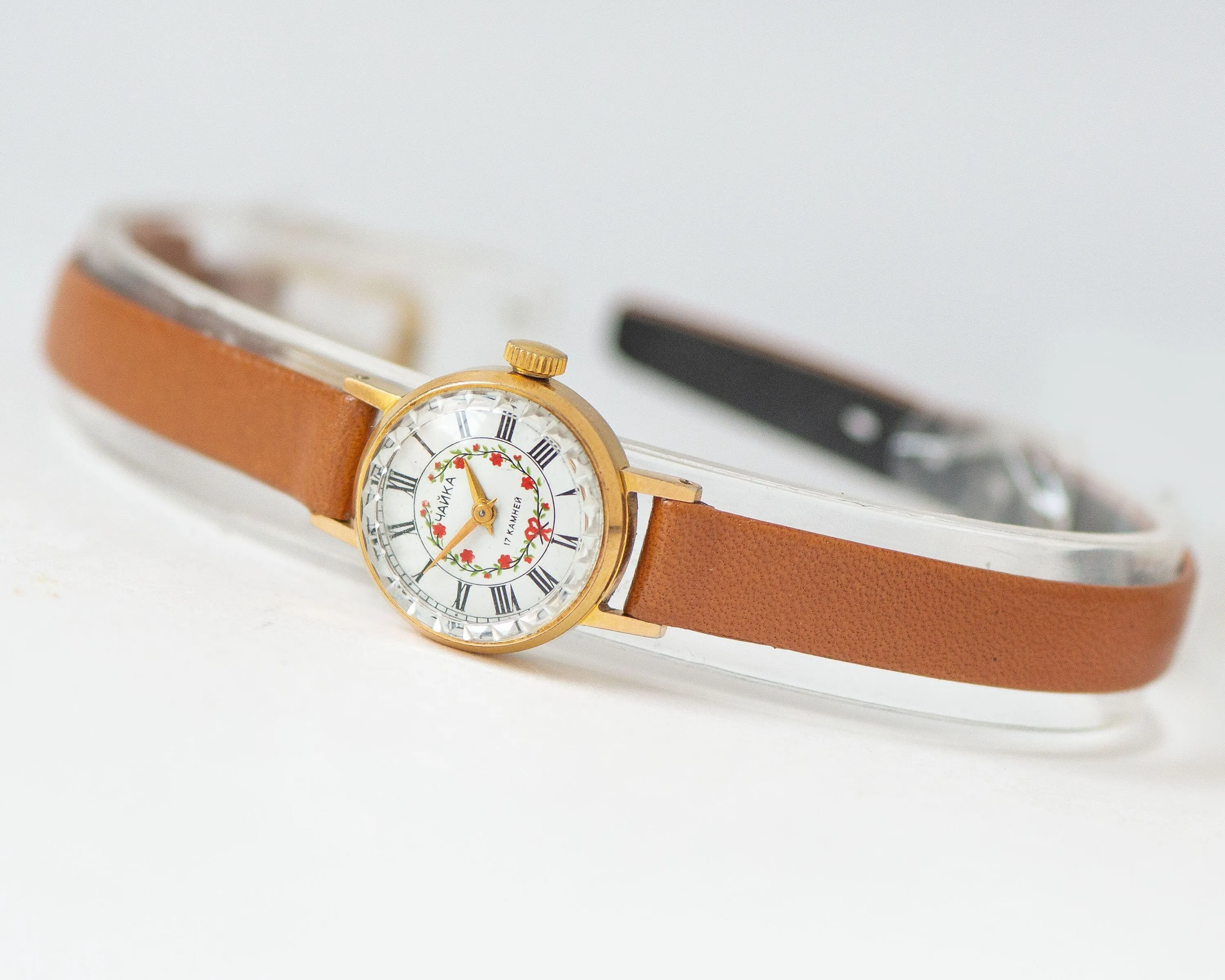 Floral watch for women Seagull vintage gold plated, micro watch red flowers, small lady wristwatch jewelry gift, new genuine leather strap
