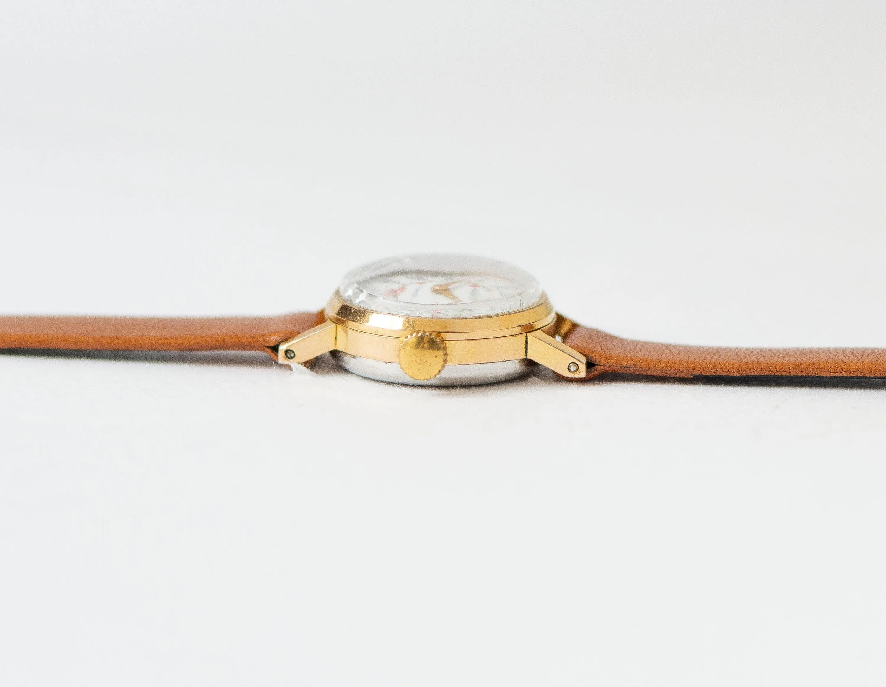 Floral watch for women Seagull vintage gold plated, micro watch red flowers, small lady wristwatch jewelry gift, new genuine leather strap