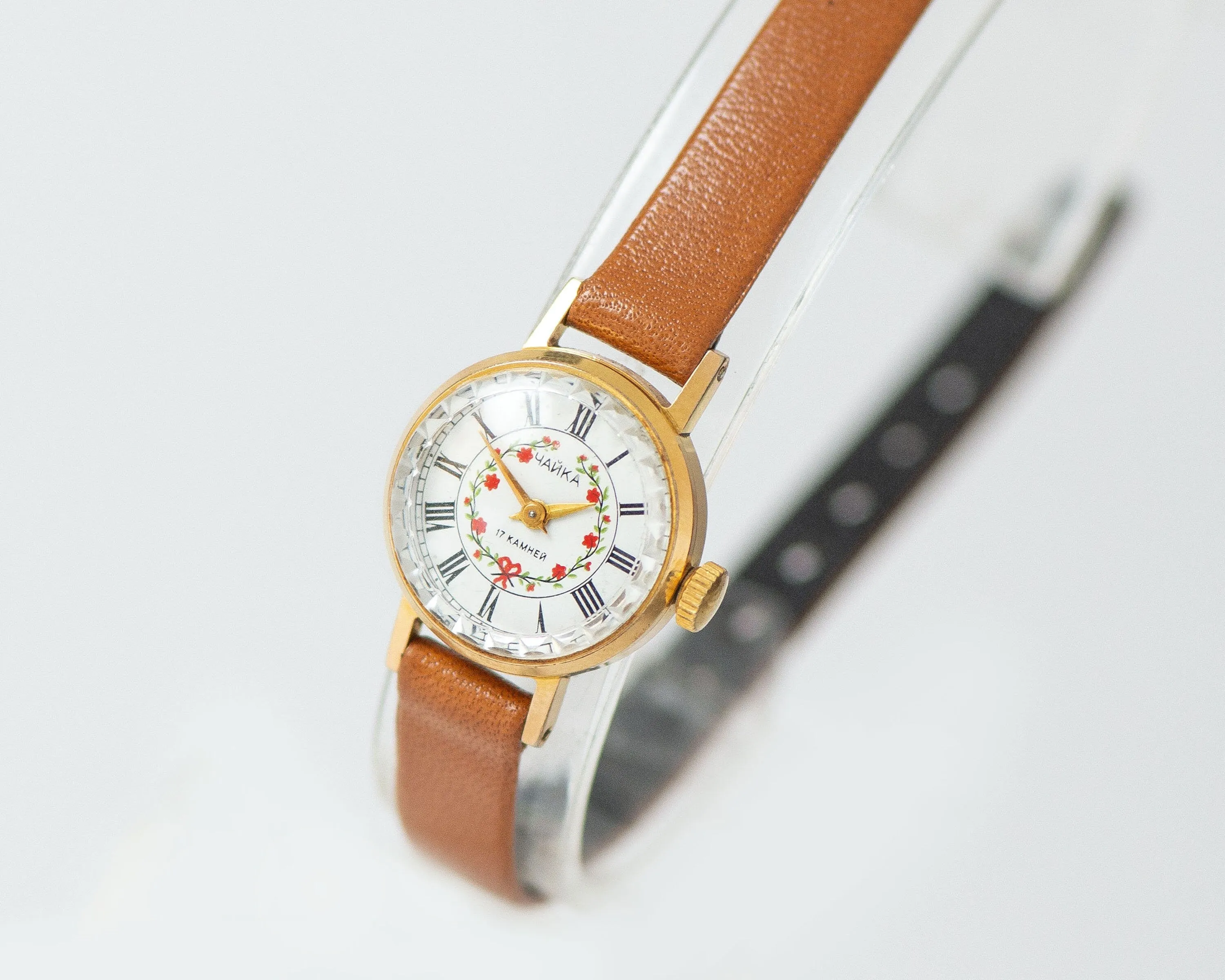 Floral watch for women Seagull vintage gold plated, micro watch red flowers, small lady wristwatch jewelry gift, new genuine leather strap
