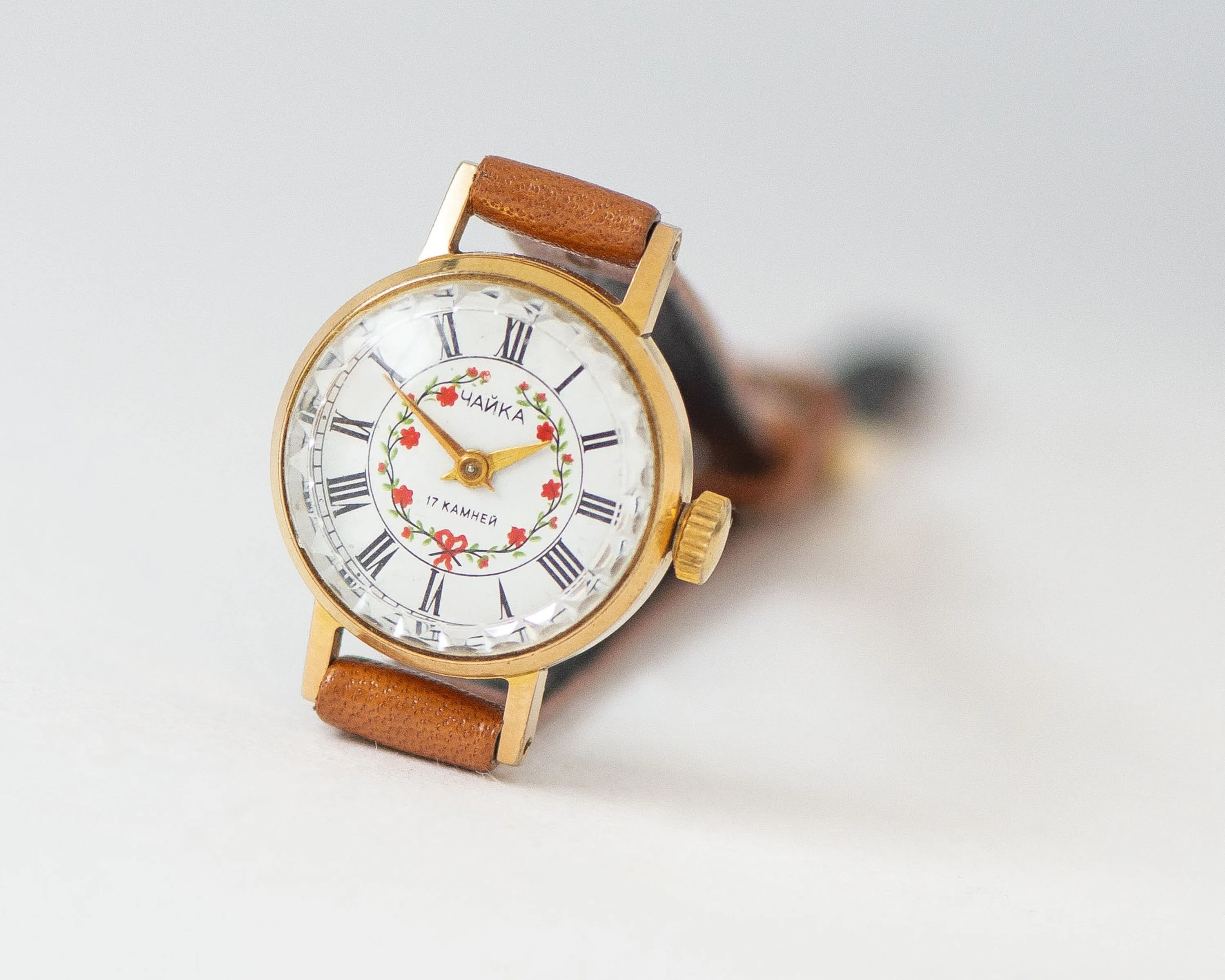 Floral watch for women Seagull vintage gold plated, micro watch red flowers, small lady wristwatch jewelry gift, new genuine leather strap