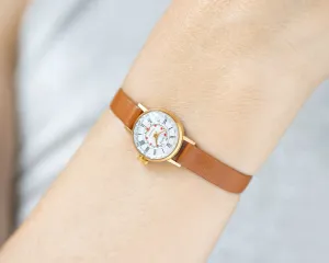 Floral watch for women Seagull vintage gold plated, micro watch red flowers, small lady wristwatch jewelry gift, new genuine leather strap