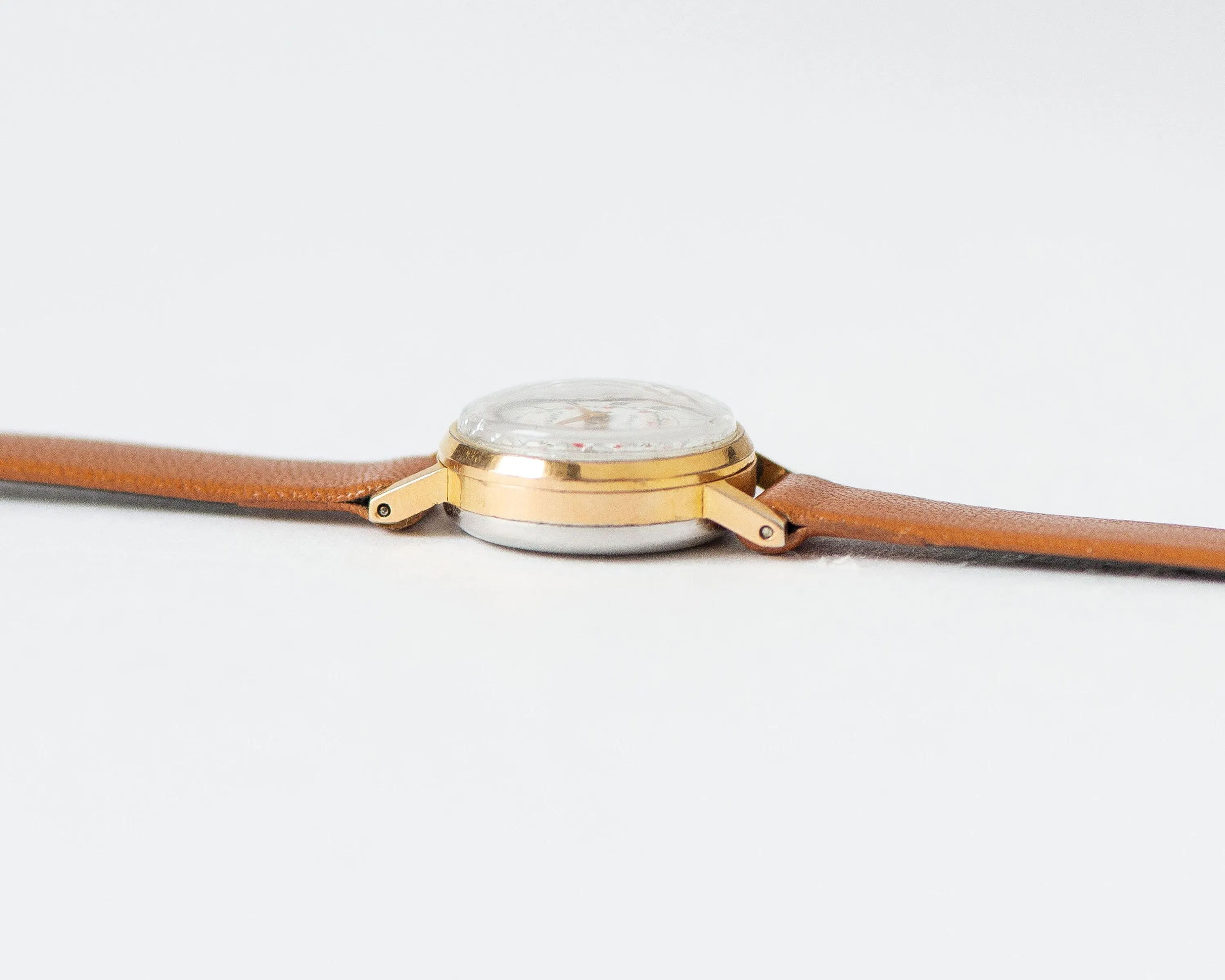Floral watch for women Seagull vintage gold plated, micro watch red flowers, small lady wristwatch jewelry gift, new genuine leather strap