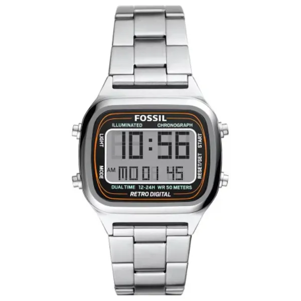 Fossil Retro Digital Silver Stainless Steel Positive Display Dial Digital Watch for Gents - FS5844