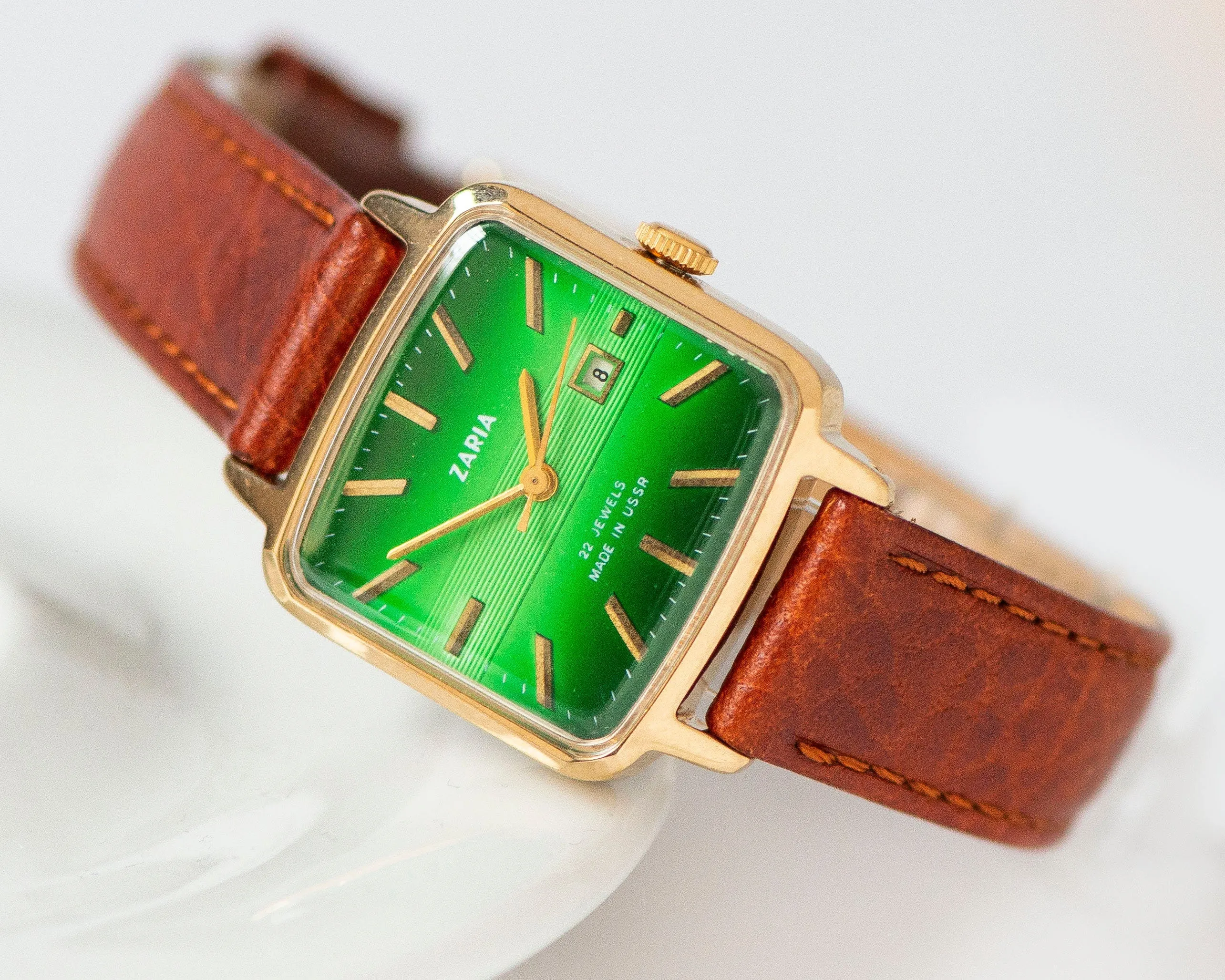 Green Women's watch unused Dawn vintage, square watch for women gold plated, women's watch classic jewelry gift, new premium leather strap