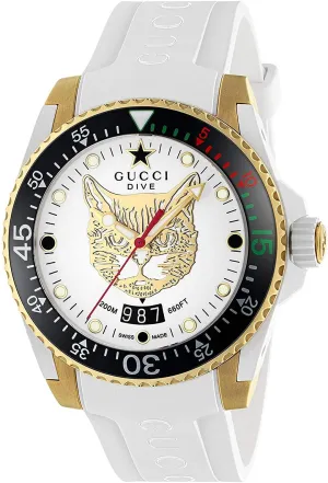 Gucci Dive White Dial Gold-Tone Rubber Strap Unisex Watch YA136322