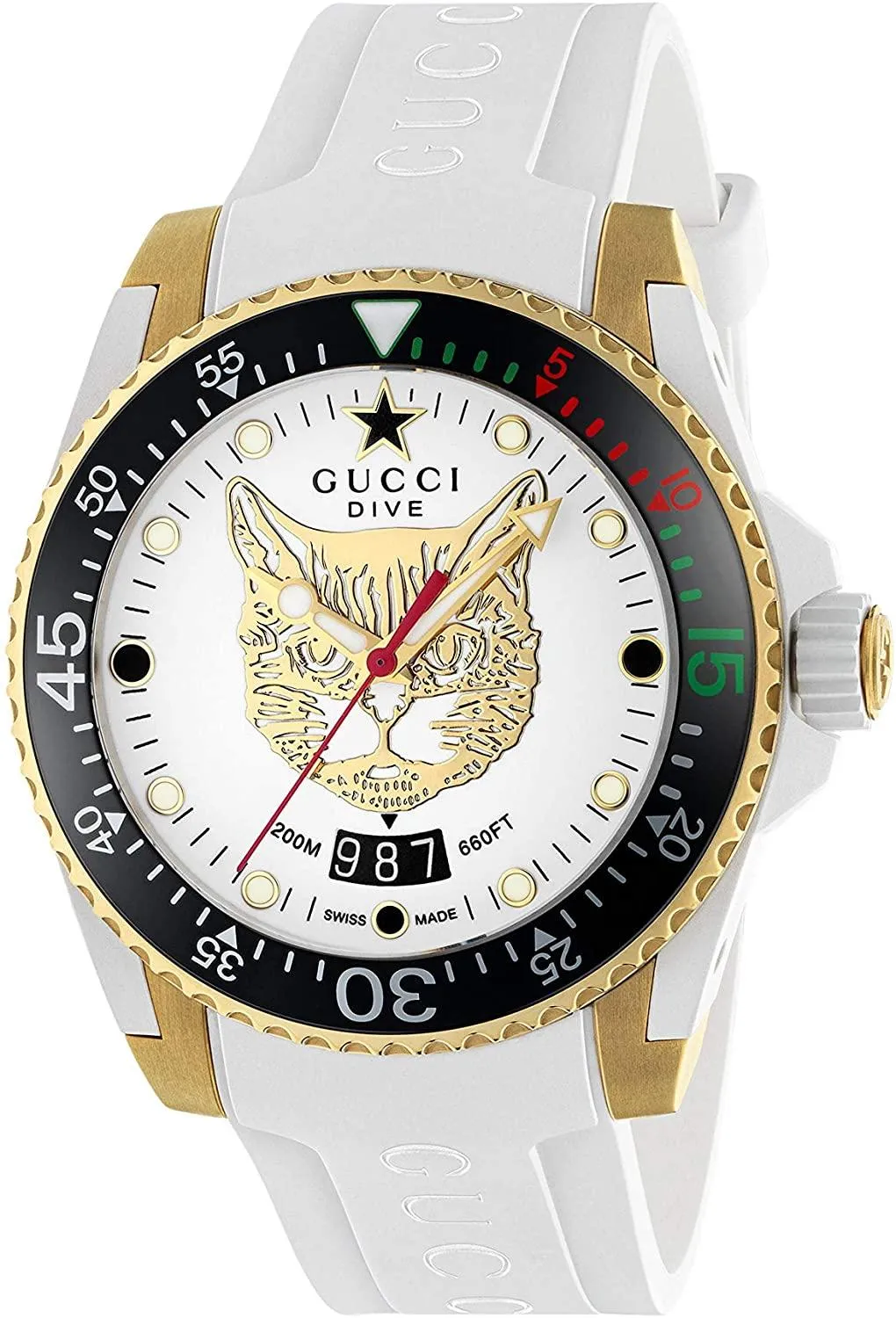 Gucci Dive White Dial Gold-Tone Rubber Strap Unisex Watch YA136322