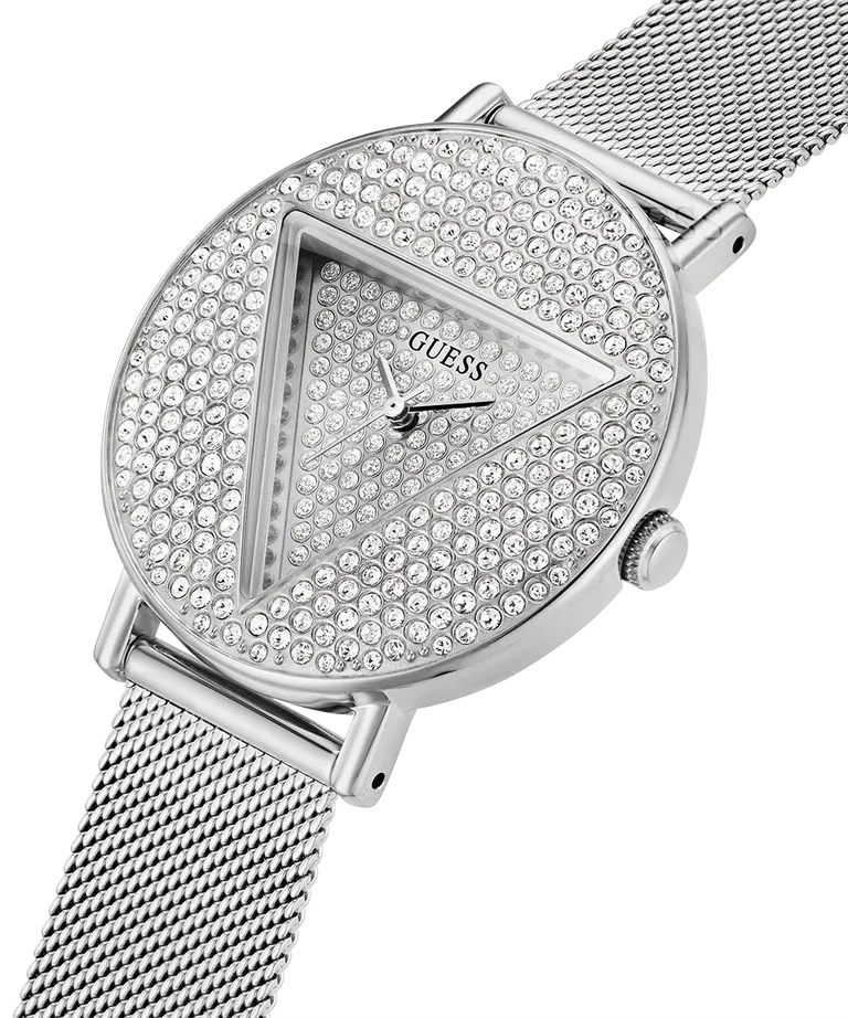 Guess Ladies Silver With Crystals Dial & Case and Mesh Bracelet Watch