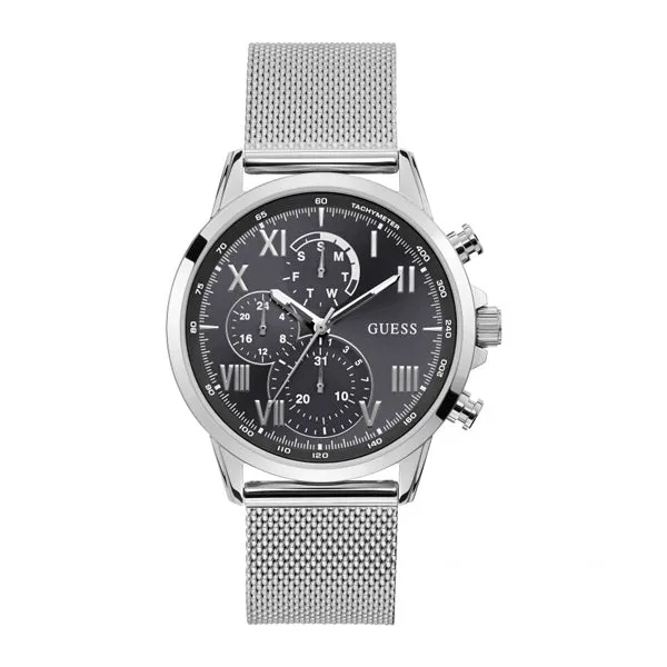 Guess Porter Silver Mesh Bracelet Black Dial Chronograph Quartz Watch for Gents - W1310G1