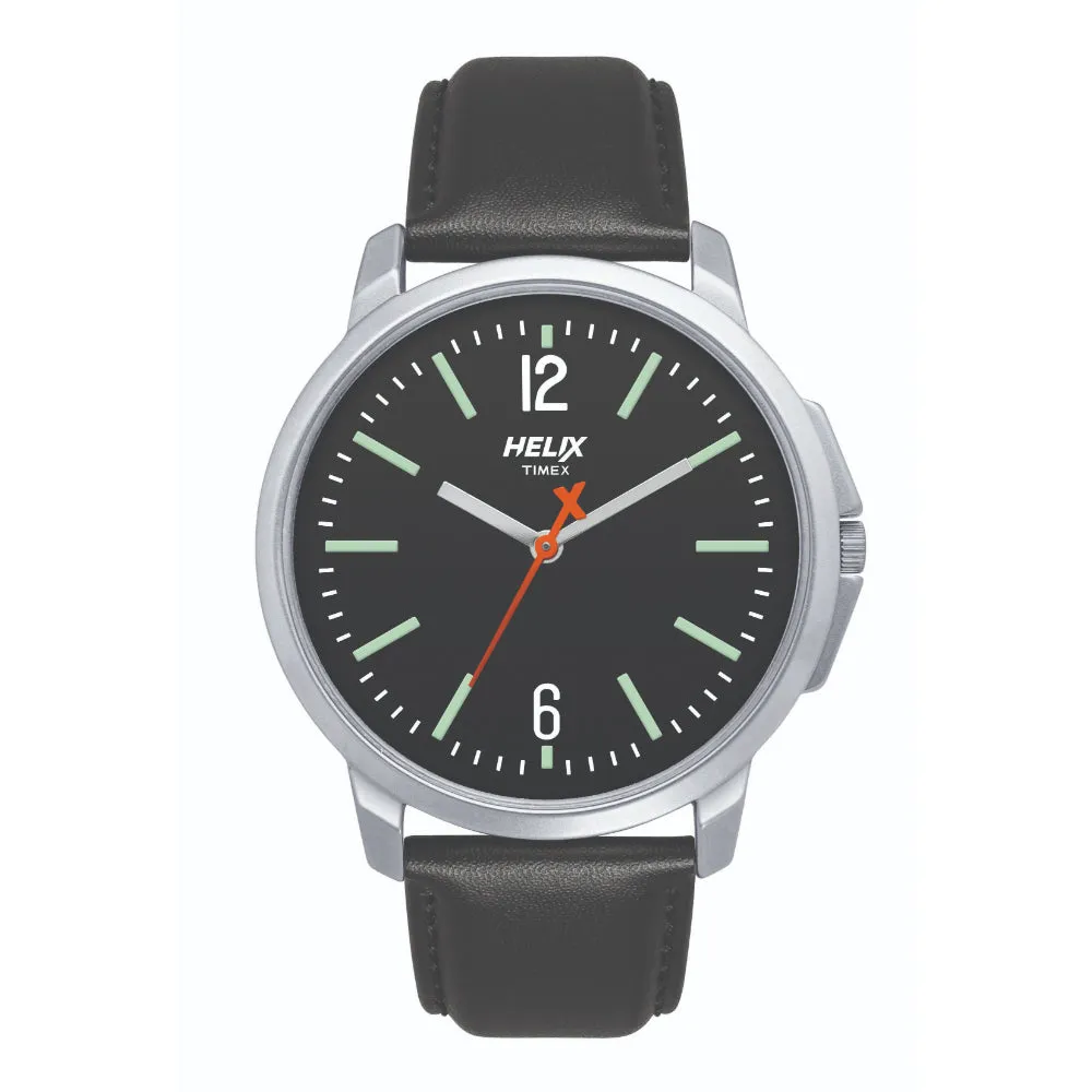 Helix By Timex Black Round Analog Leather Watch Men -TW027HG01