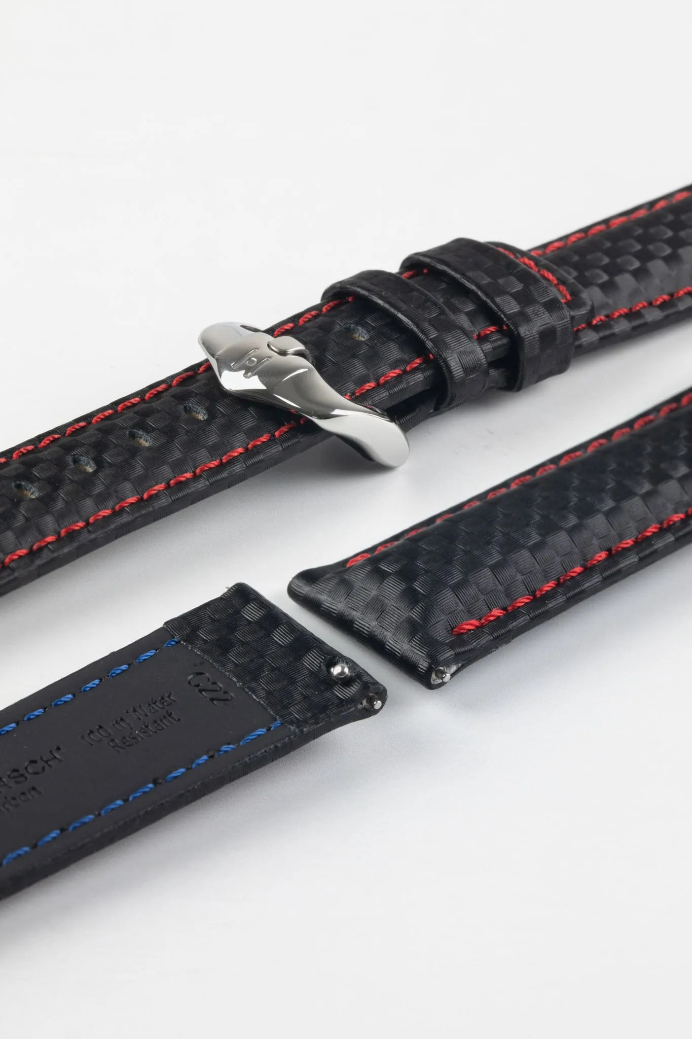 Hirsch CARBON Embossed Water-Resistant Leather Watch Strap in BLACK/RED