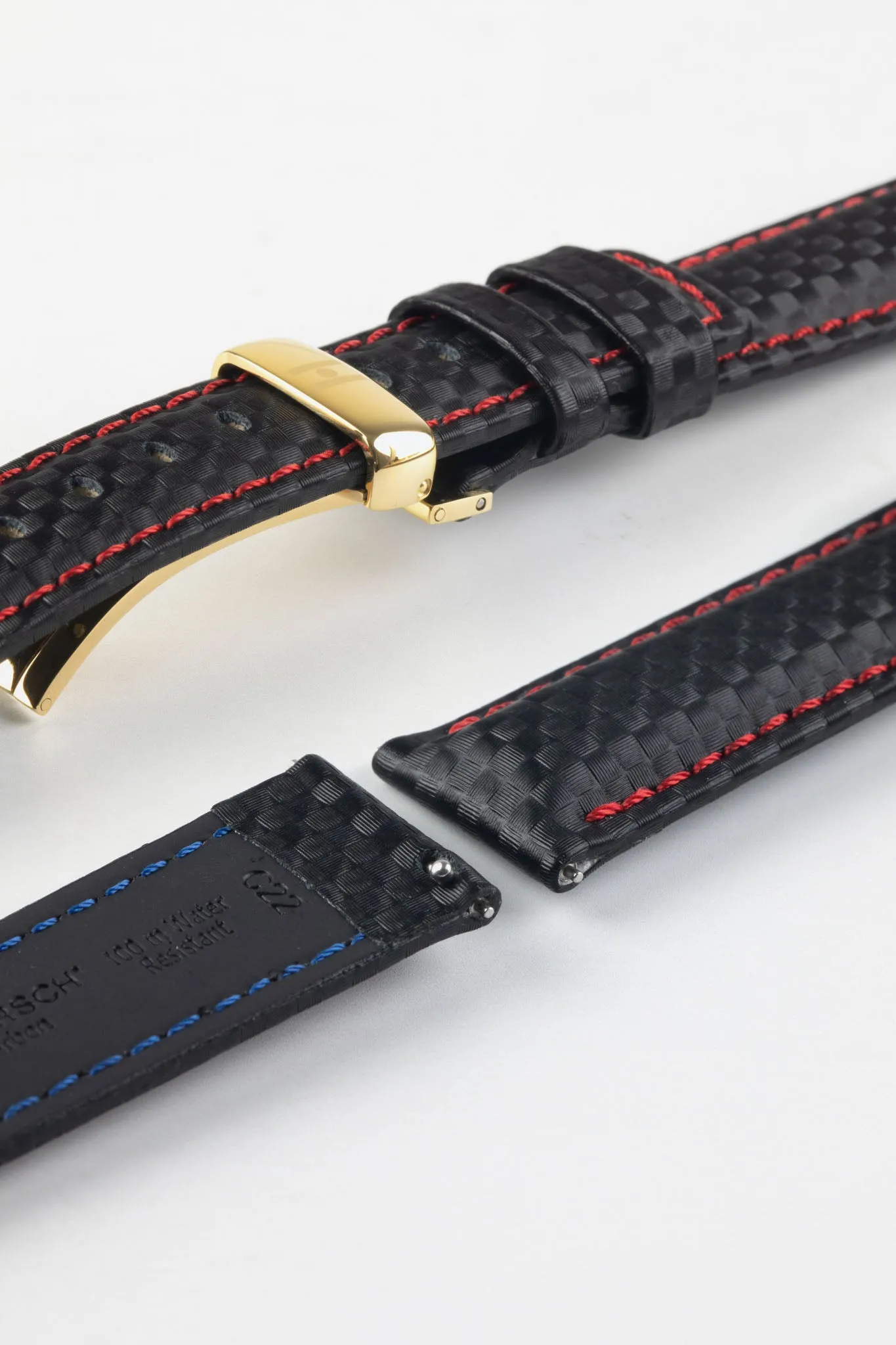 Hirsch CARBON Embossed Water-Resistant Leather Watch Strap in BLACK/RED
