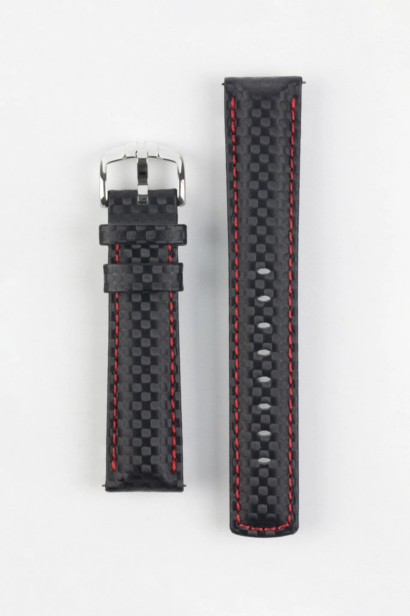 Hirsch CARBON Embossed Water-Resistant Leather Watch Strap in BLACK/RED