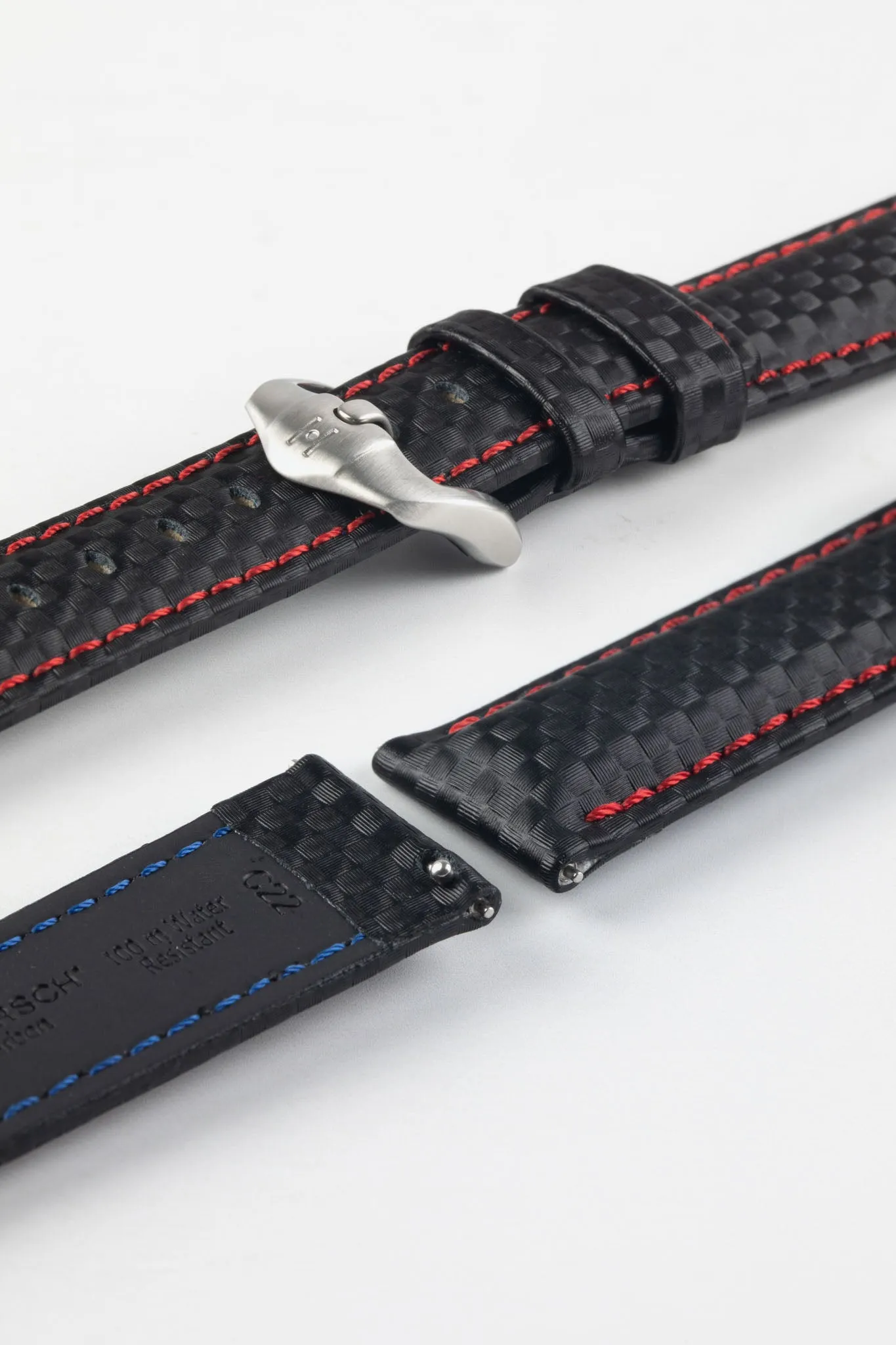Hirsch CARBON Embossed Water-Resistant Leather Watch Strap in BLACK/RED