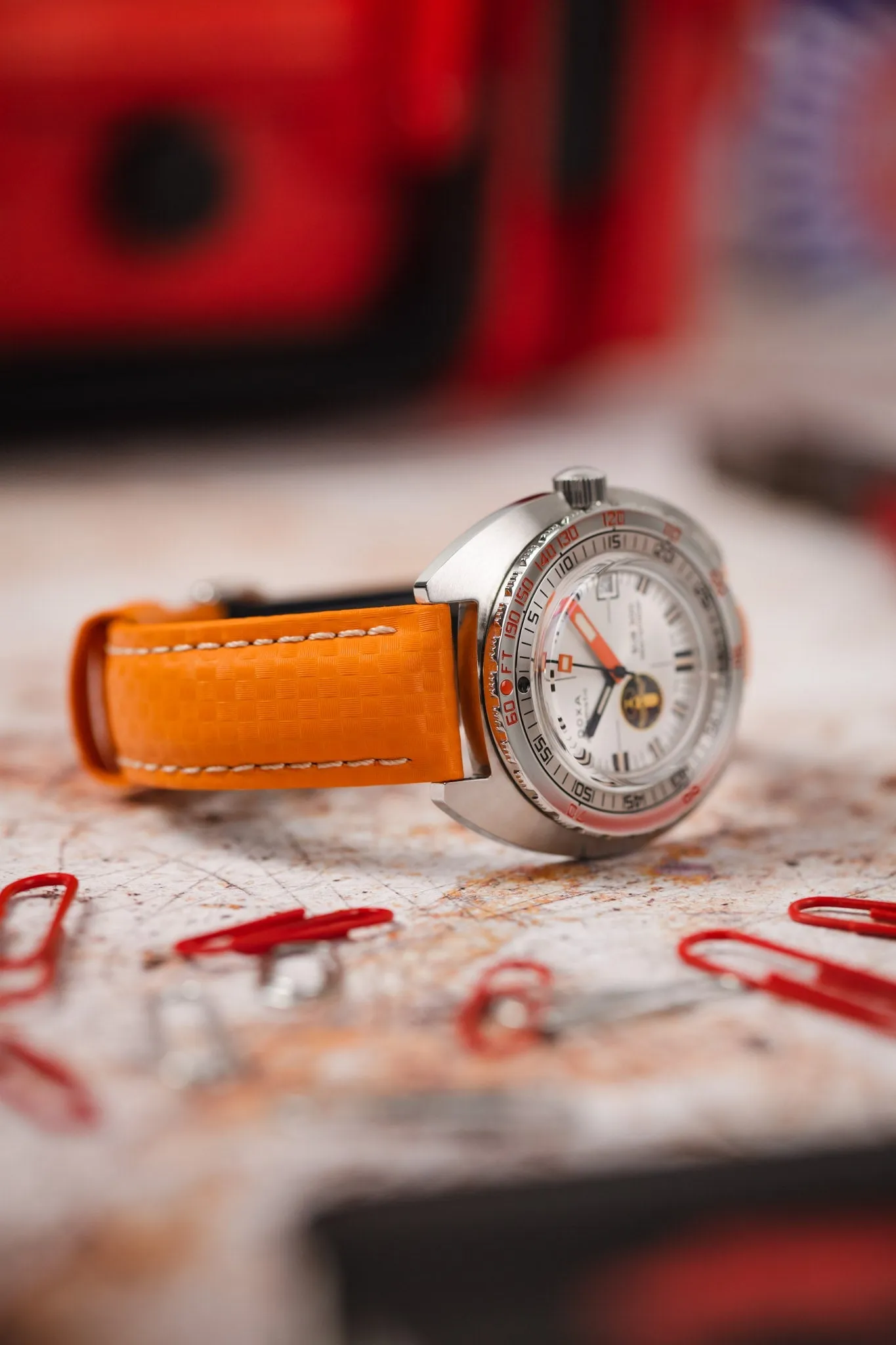Hirsch CARBON Embossed Water-Resistant Leather Watch Strap in ORANGE