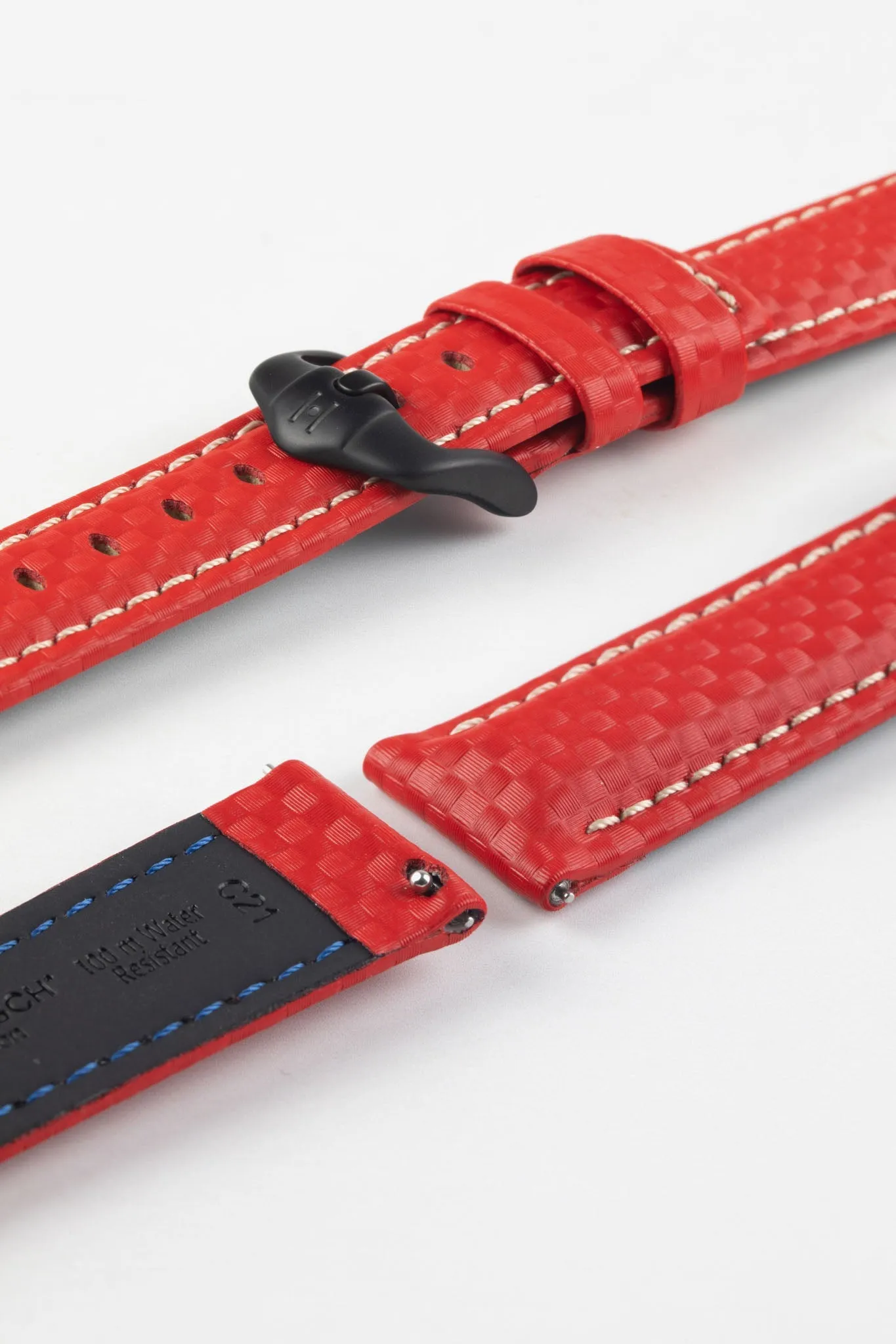 Hirsch CARBON Embossed Water-Resistant Leather Watch Strap in RED