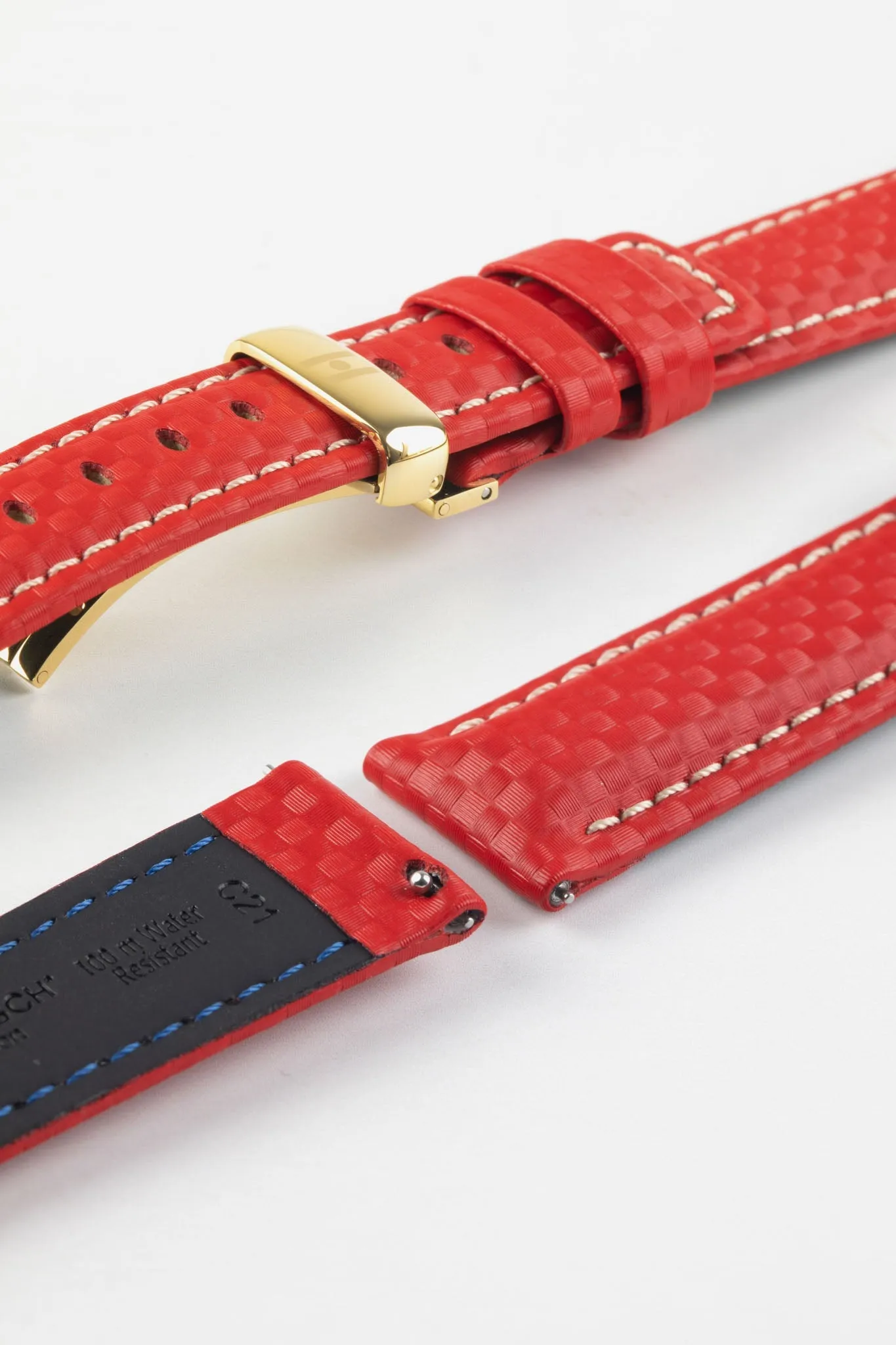 Hirsch CARBON Embossed Water-Resistant Leather Watch Strap in RED